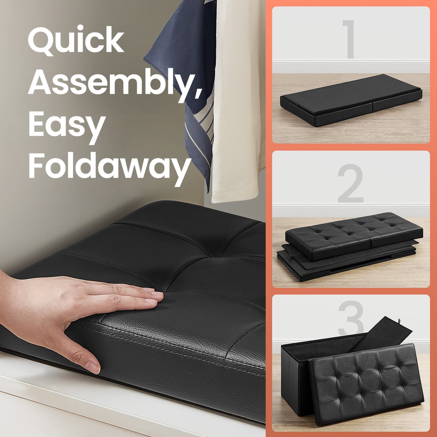 30" Storage Ottoman Bench with Flip-Top Lid, 660lb Capacity, Multi-Functional Footrest, Seat, Easy-Clean Synthetic Leather, Black
