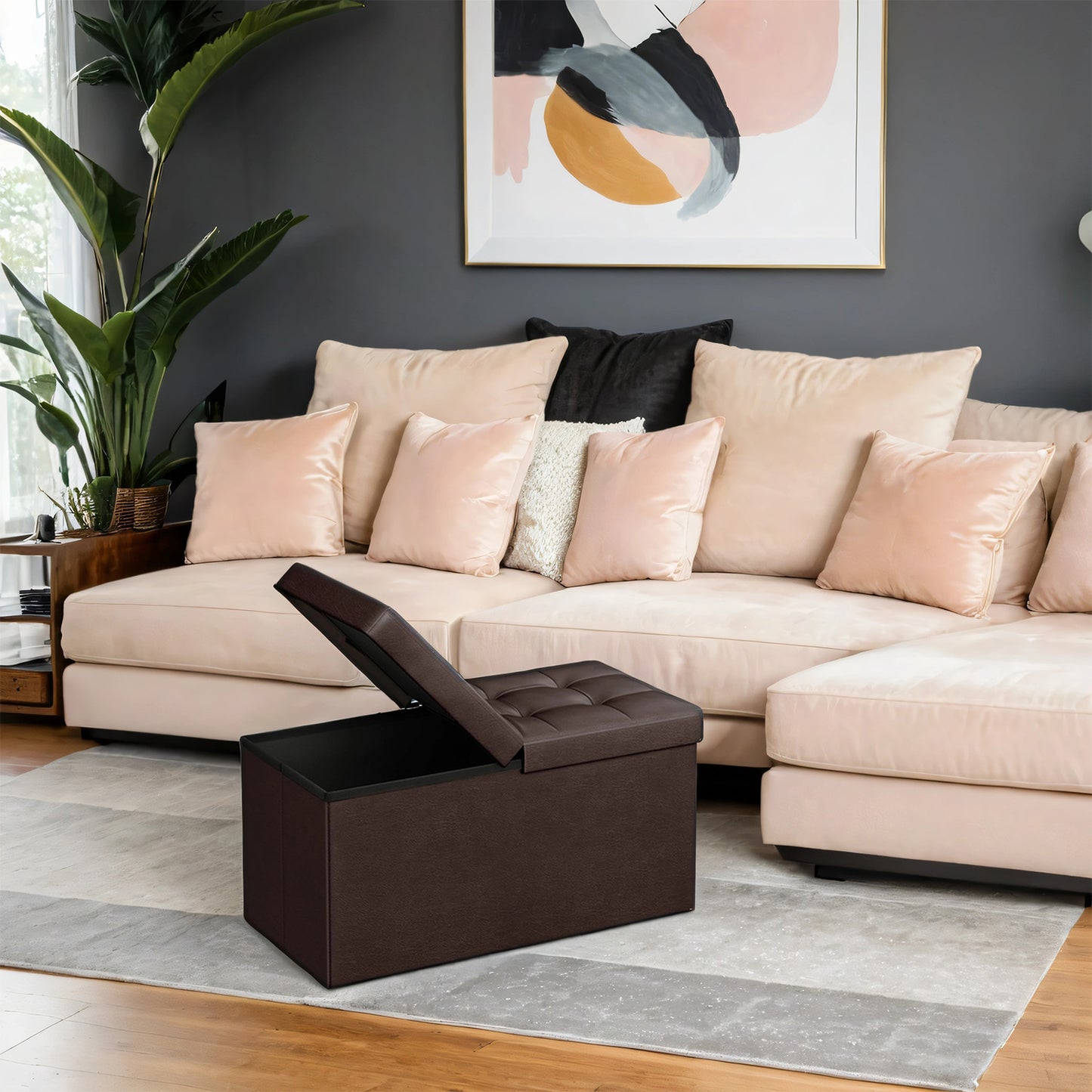 30" Flip-Top Storage Ottoman Bench, 660lb Capacity, Multi-Functional Footrest, Seat, Coffee Table, Easy-Clean Synthetic Leather, Brown