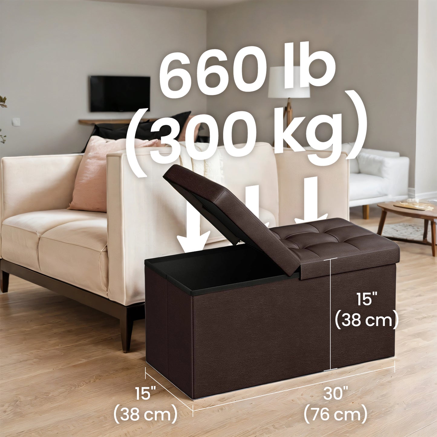 30" Flip-Top Storage Ottoman Bench, 660lb Capacity, Multi-Functional Footrest, Seat, Coffee Table, Easy-Clean Synthetic Leather, Brown