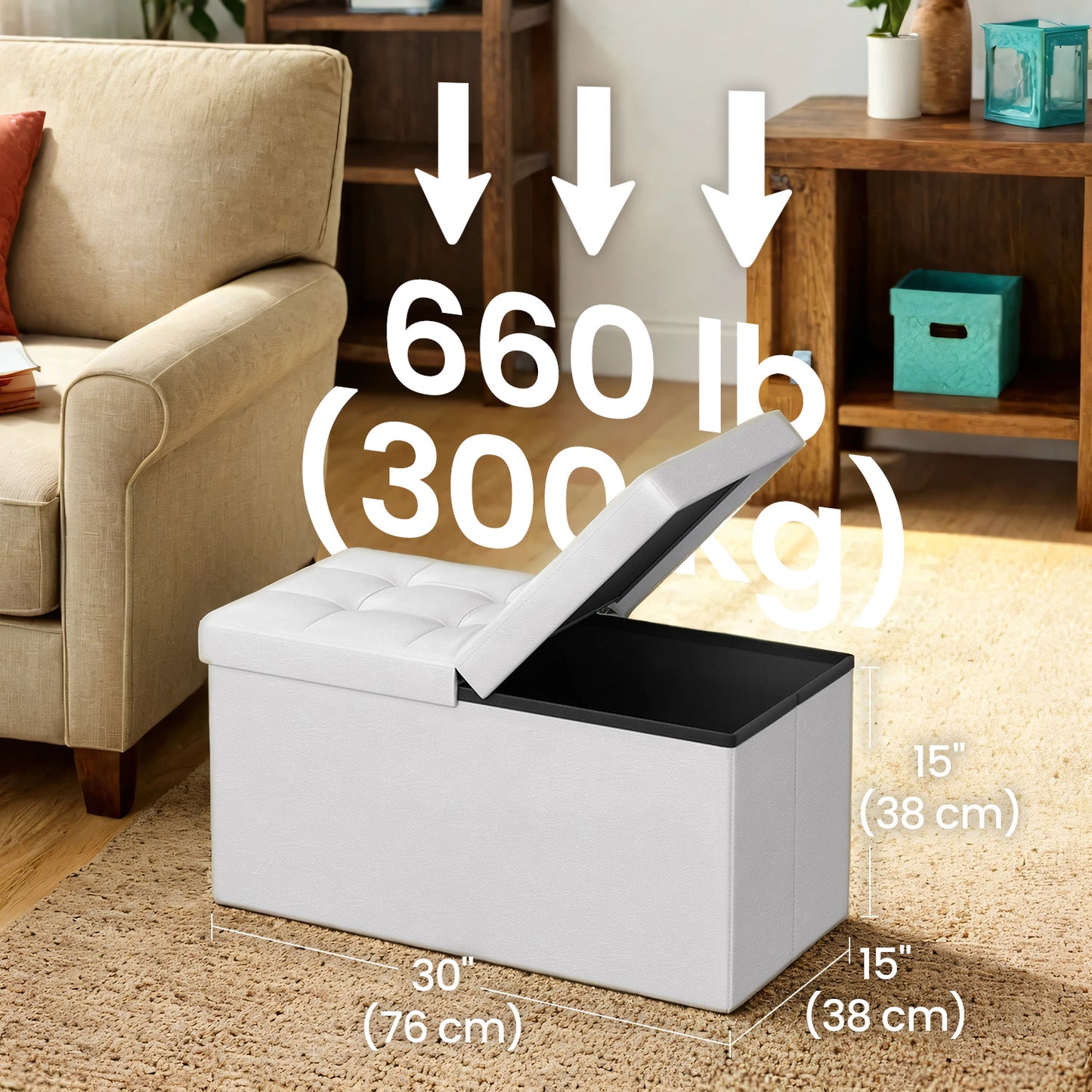 30" Flip-Top Storage Ottoman Bench, 660lb Capacity, 3-in-1 Multi-Functional, Easy-Clean Synthetic Leather, White