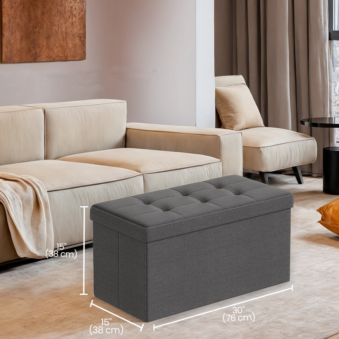 30" Foldable Storage Ottoman Bench, 660lb Capacity, 3-in-1 Multi-Functional, Removable Divider, Dark Gray