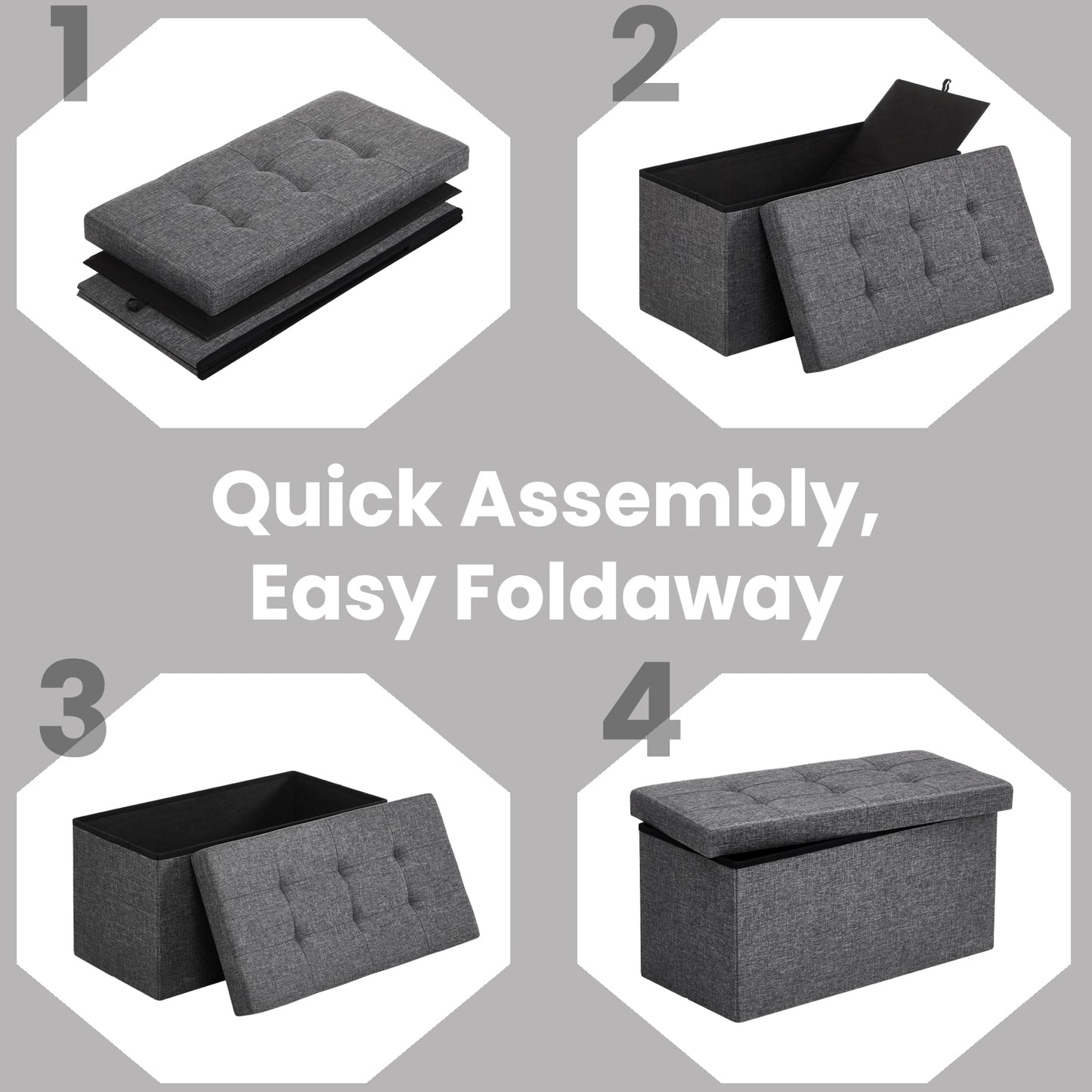 30" Foldable Storage Ottoman Bench, 660lb Capacity, 3-in-1 Multi-Functional, Removable Divider, Dark Gray