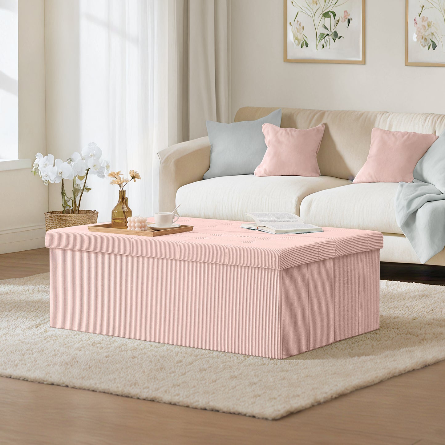 Storage Ottoman Bench, Foldable 43" Long with 35-Gallon Capacity, 660lb Weight Limit, Multi-Functional for Living Room/Bedroom, Jelly Pink