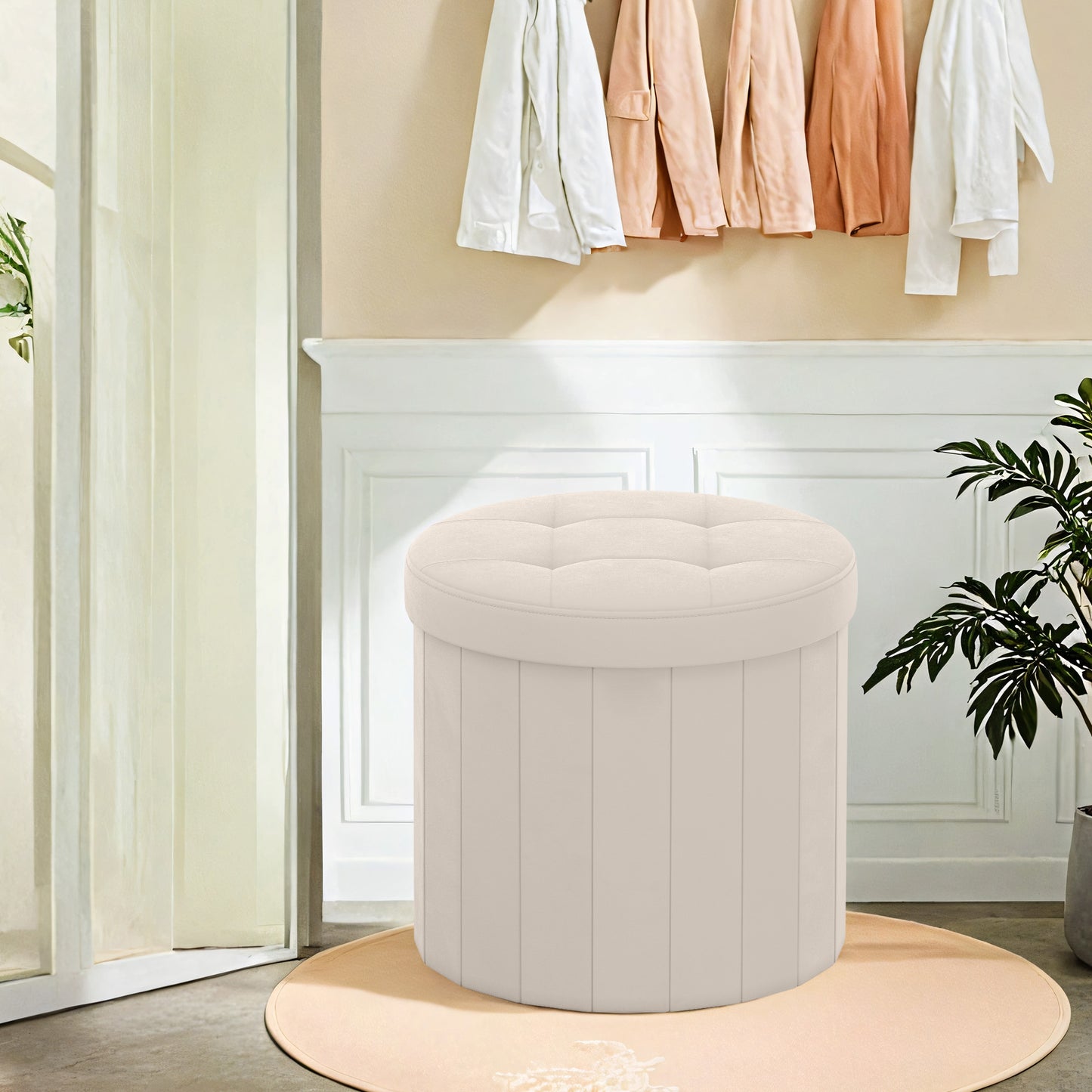 Round Storage Ottoman with Removable Lid, 18.1 Inch Folding Footrest Stool with Velvet Cover, Cappuccino Beige