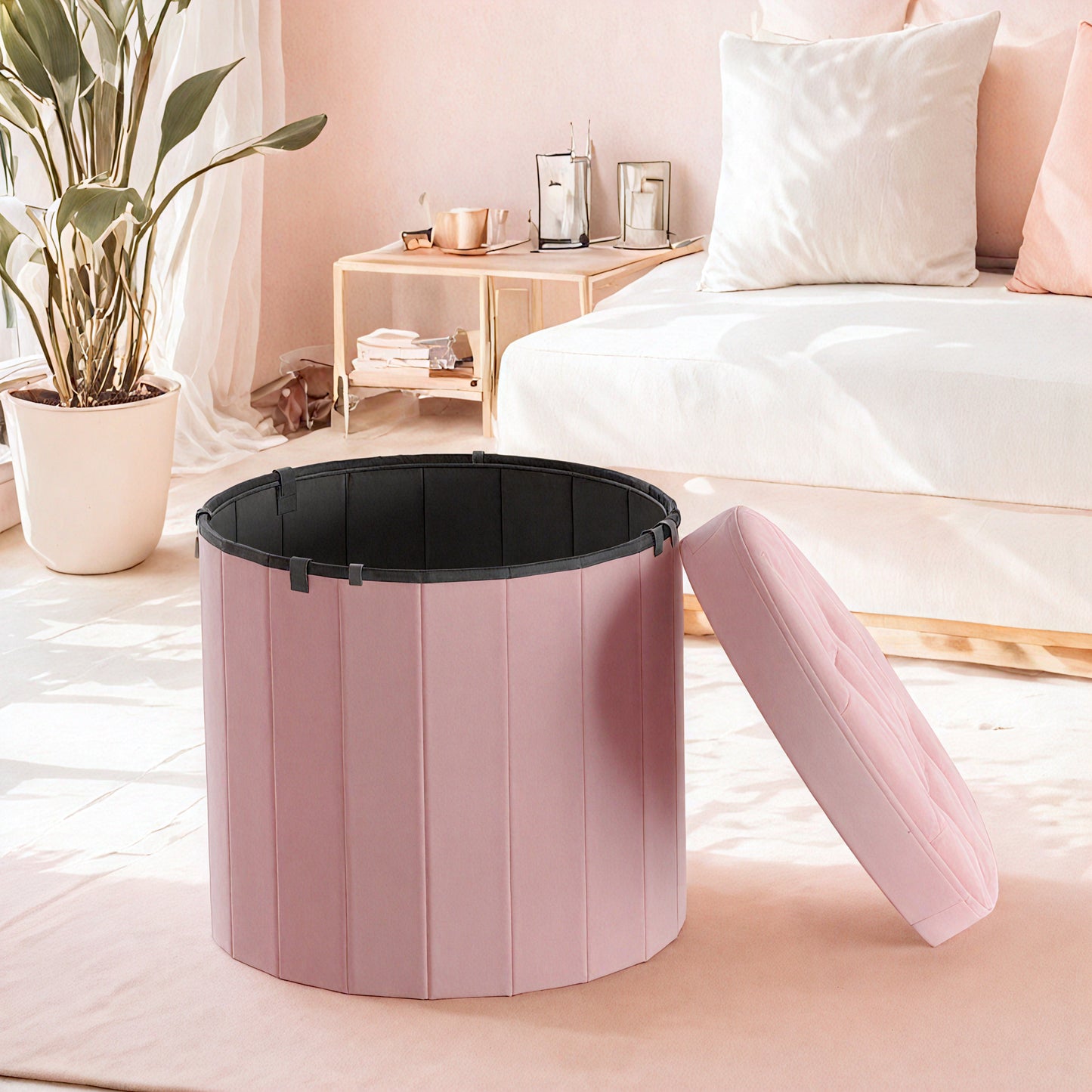 Round Storage Ottoman with Removable Lid, 18.1 Inch Folding Footrest Stool with Velvet Cover, Jelly Pink