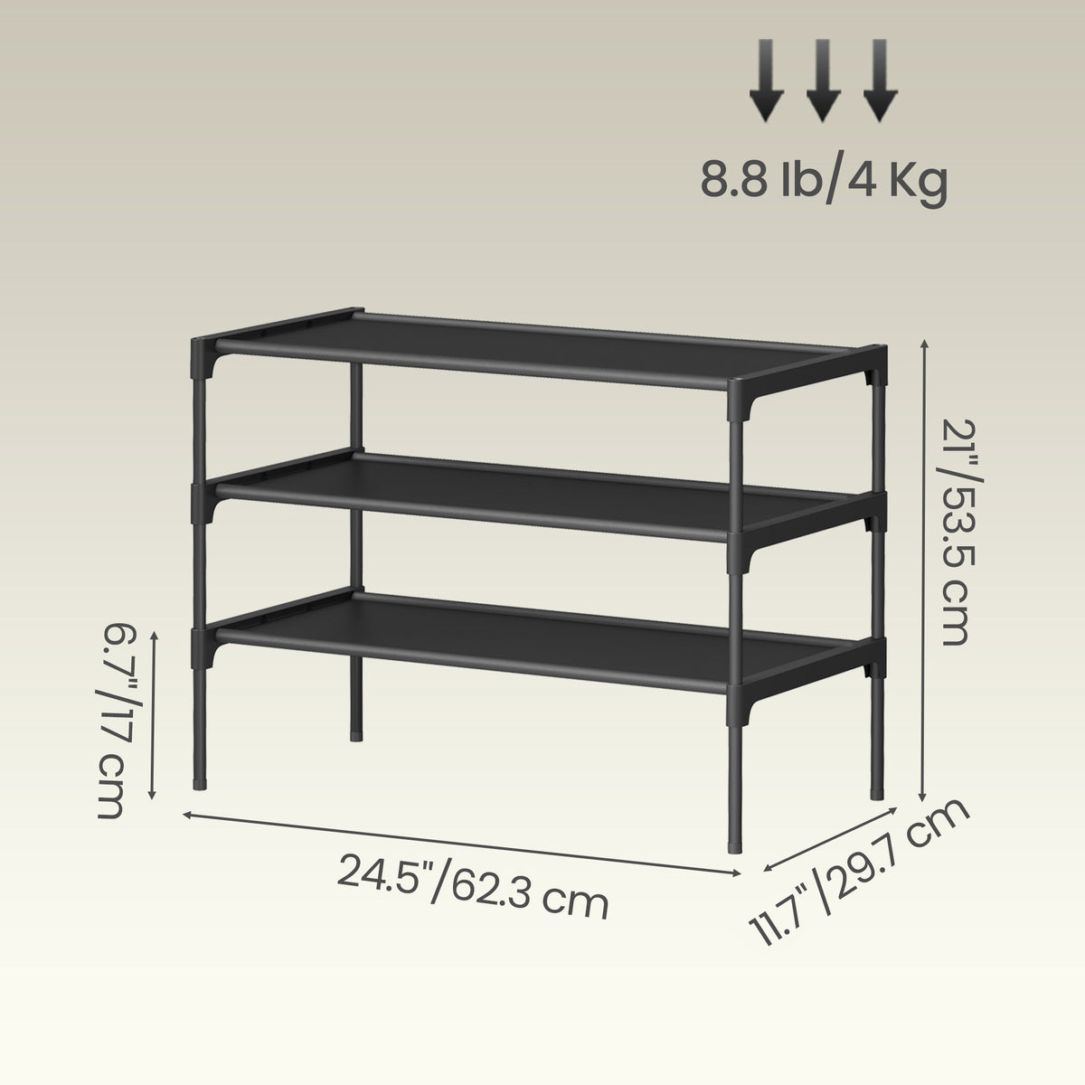 3-Tier Shoe Rack for Entryway, Compact Metal Frame Organizer with Non-Woven Shelves, Stackable, Space-Saving, Ink Black