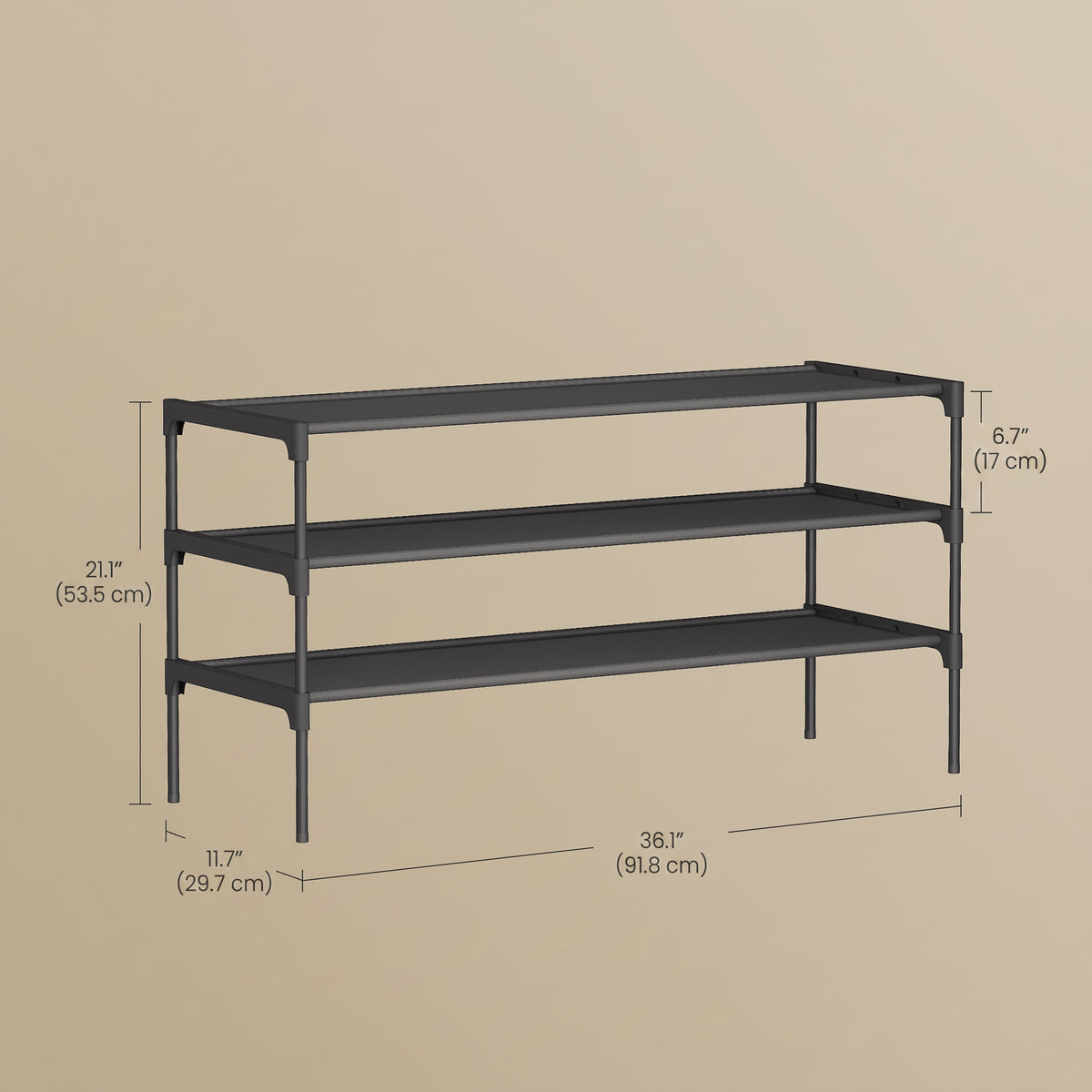 3-Tier Shoe Rack, Shoe Storage Organizer, Space-Saving Metal Frame with Non-Woven Shelves, for Entryway, Ink Black