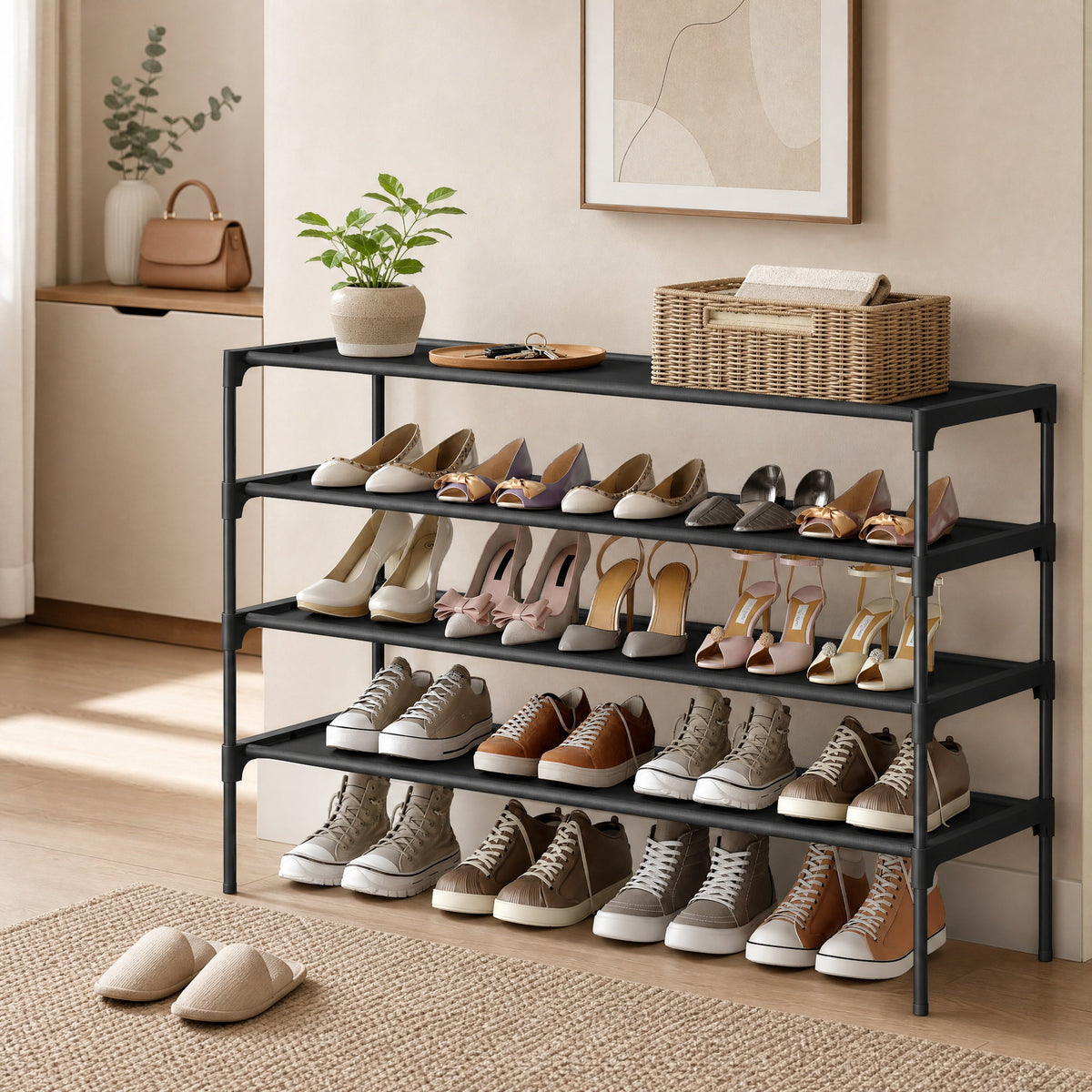 Shoe Rack, 4-Tier Shoe Organizer for Closet Holds Up to 40 Pairs Shoes, Shoe Shelf with Steel Frame and Non-Woven Fabric Shelves, Stackable, Black
