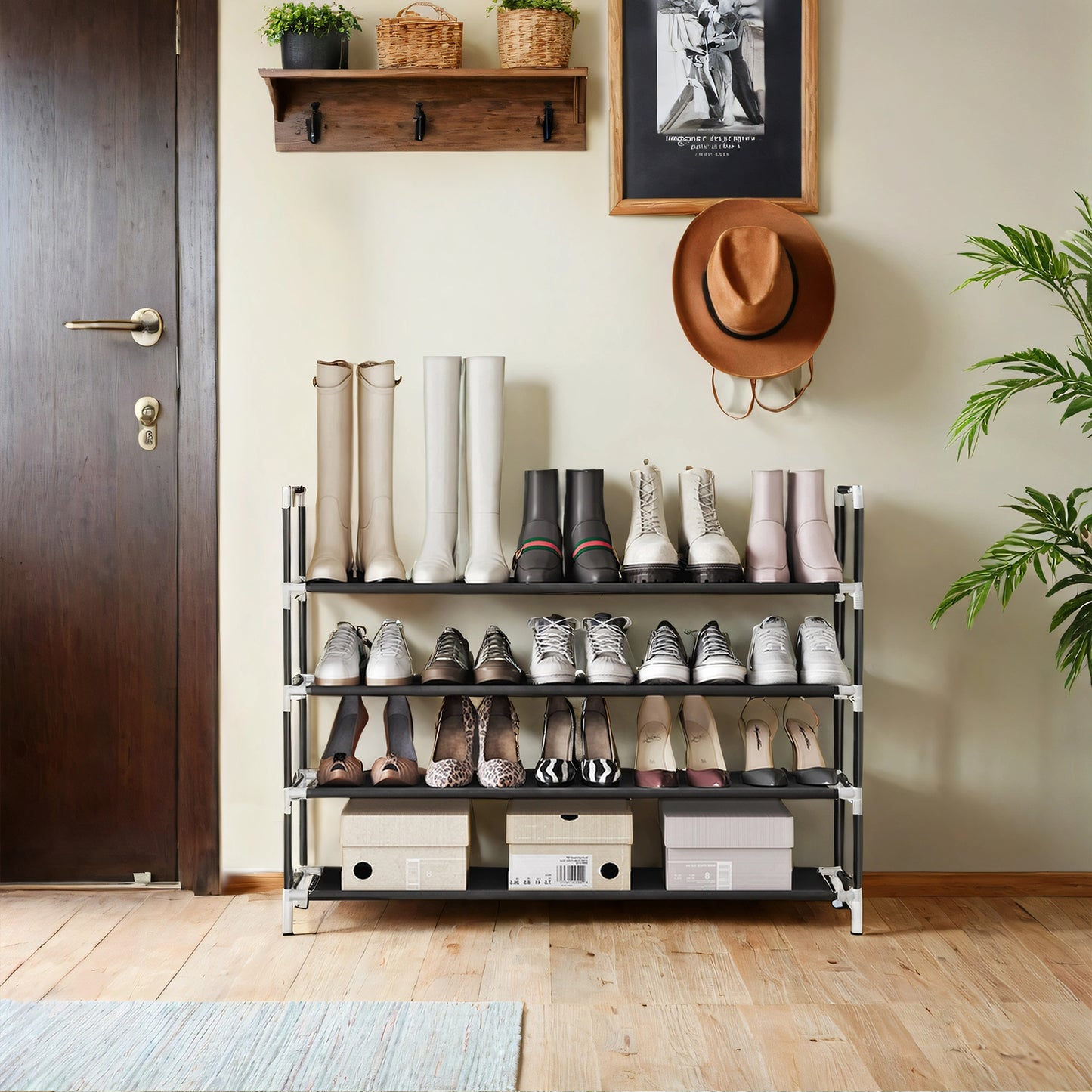 4-Tier Shoe Rack for Hallway & Closet – Slim Space-Saving Storage with Metal Frame & Non-Woven Shelves, Holds 16-20 Pairs, Black