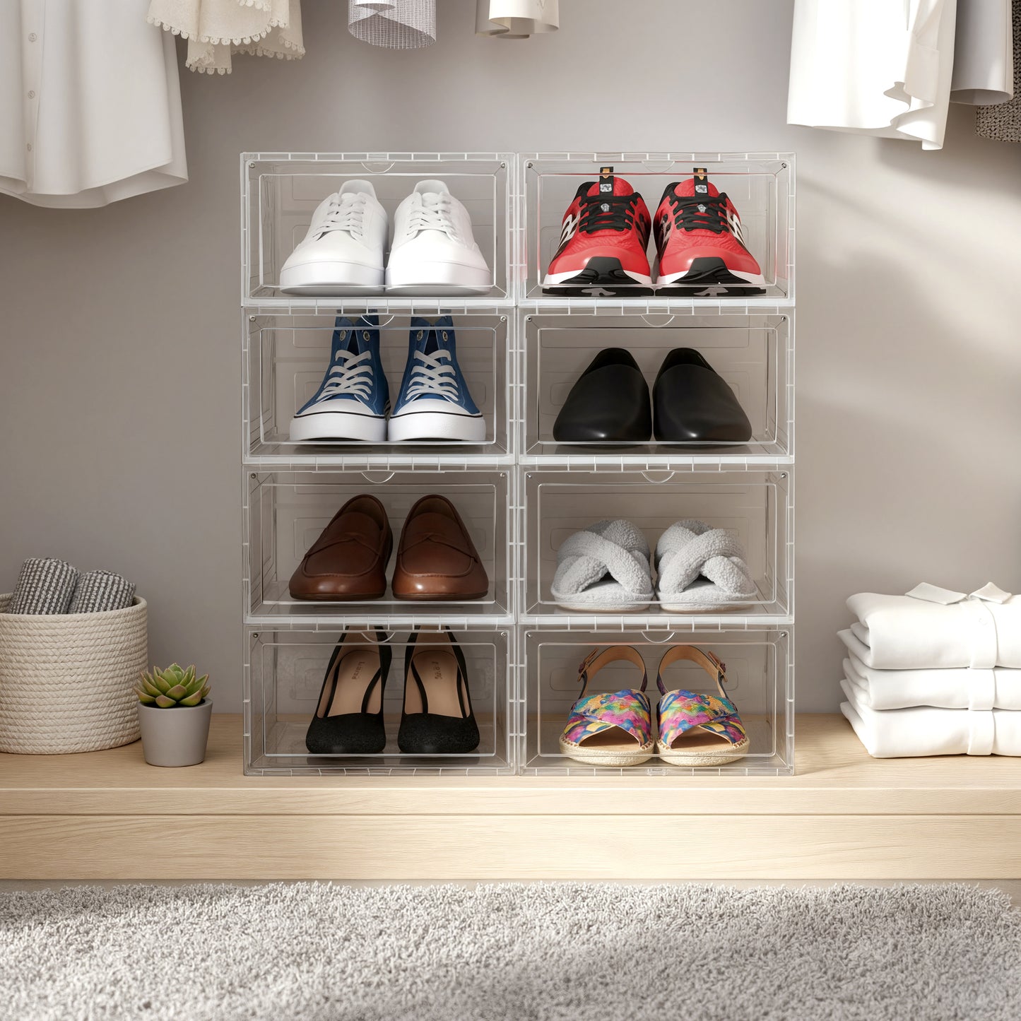 Stackable Shoe Boxes 8 Pack Clear Plastic Storage with Magnetic Door 13 x 11.2 x 7.5 Inches White