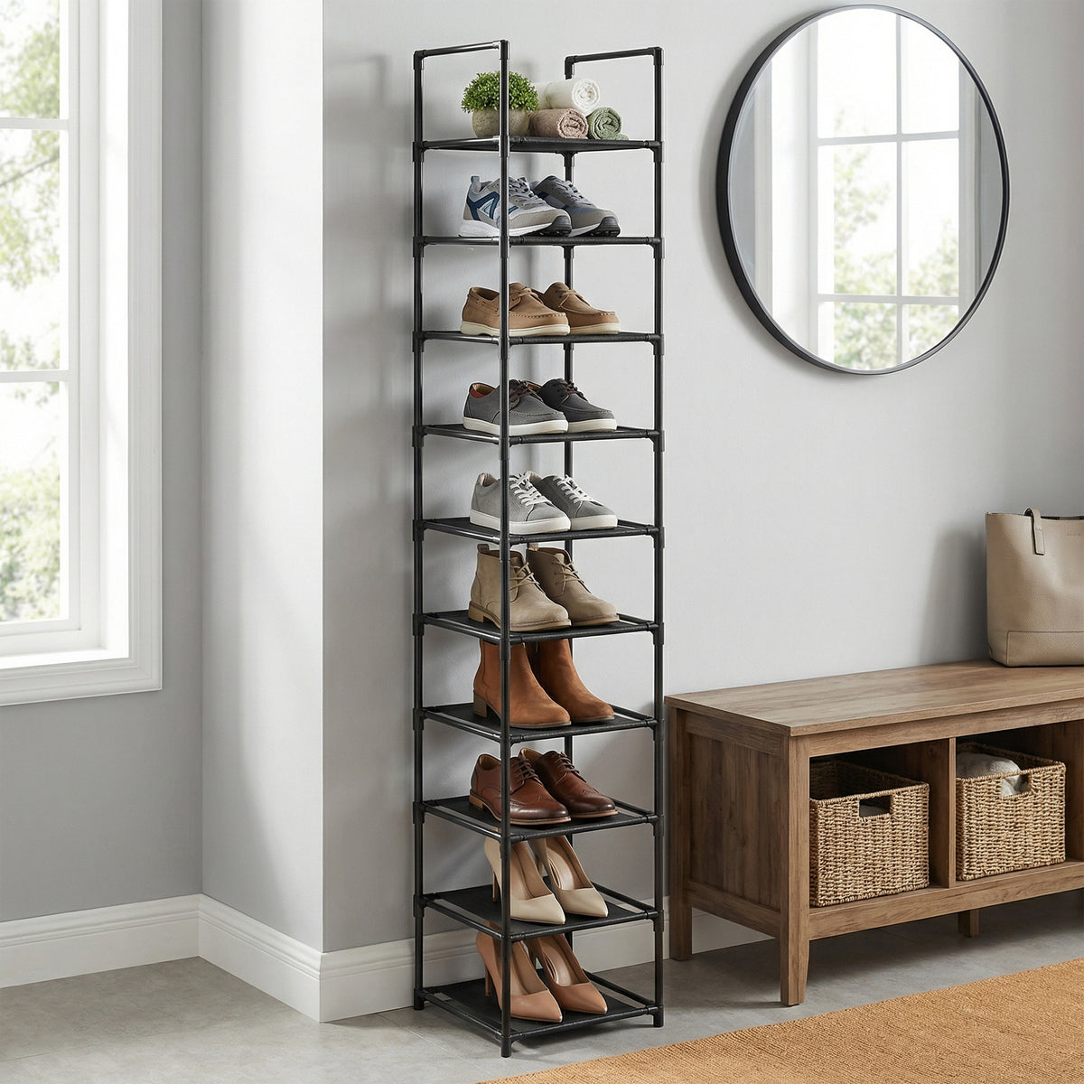 LEDREM Shoe Rack with 10 Shelves, Shoe Organizer, 13 x 13 x 68.1 in, Steel Frame, for Entryway, Black