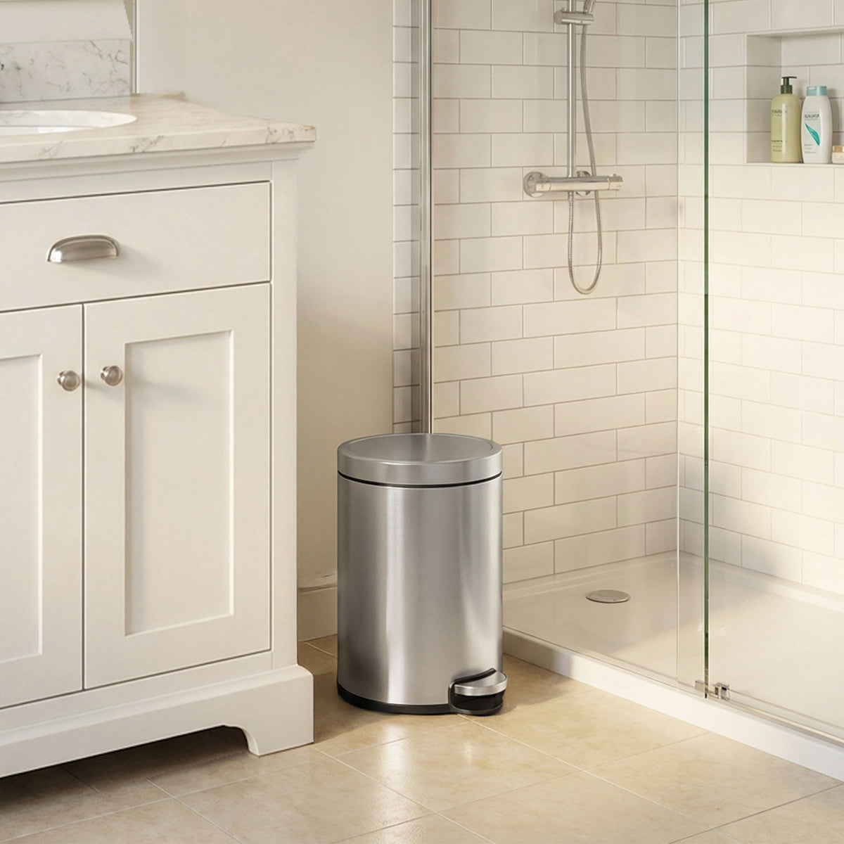 LEDREM Bathroom Trash Can with Soft-Close Lid and Removable Inner Bucket, Stainless Steel Step Pedal, 1.6 Gal., Silver