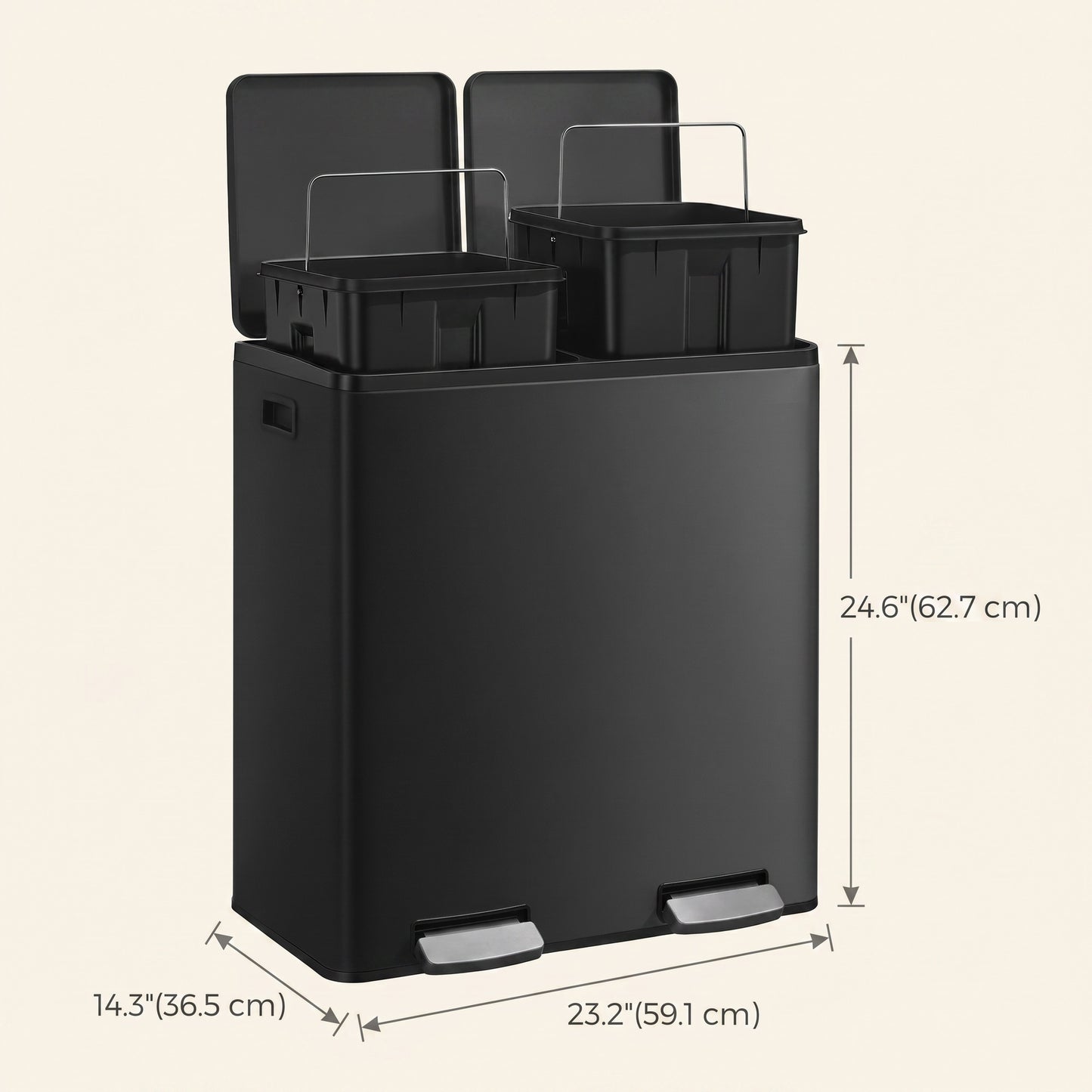 Trash Can, 16 Gal. Double Compartment Stainless Steel Step Garbage Can, 23.2 x 14.3 x 24.6 inches, Black