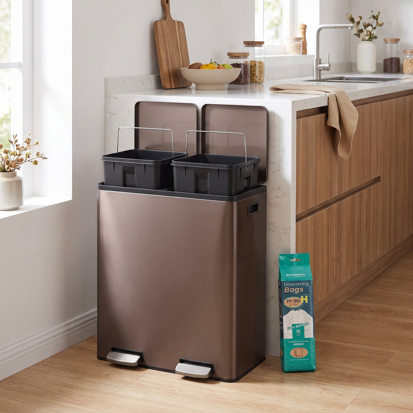 Trash Can, 60L Double Compartment Stainless Steel Step Garbage Can, 23.2 x 14.3 x 24.6 inches, Burgundy