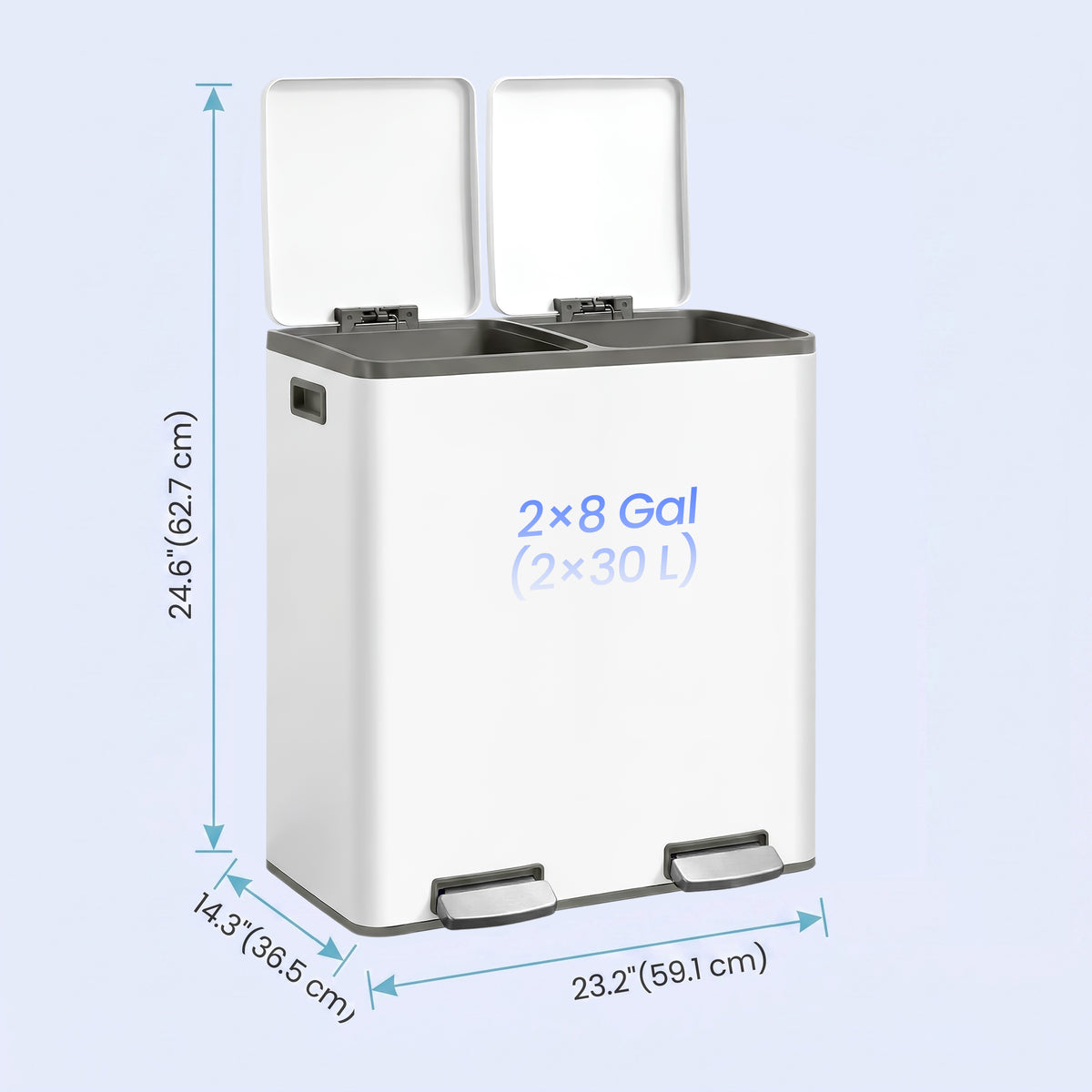Trash Can, 16 Gal. Double Compartment Stainless Steel Step Garbage Can, 23.2 x 14.3 x 24.6 inches, White
