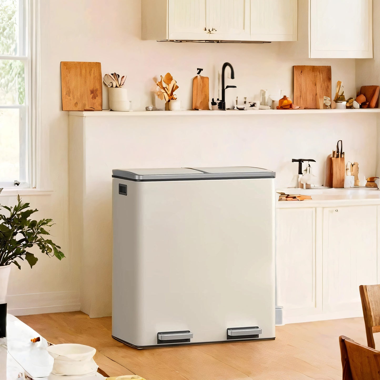 Dual 8 Gallon Kitchen Trash Can, 2 Compartments with Hinged Lids, Pedals & 15 Bags, Airtight Waste Bin, Almond Color