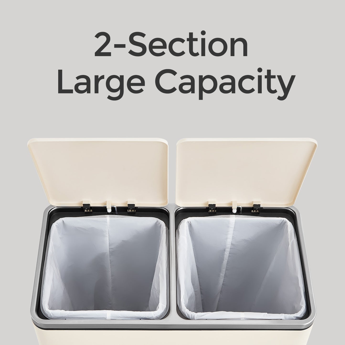 Dual 8 Gallon Kitchen Trash Can, 2 Compartments with Hinged Lids, Pedals & 15 Bags, Airtight Waste Bin, Almond Color