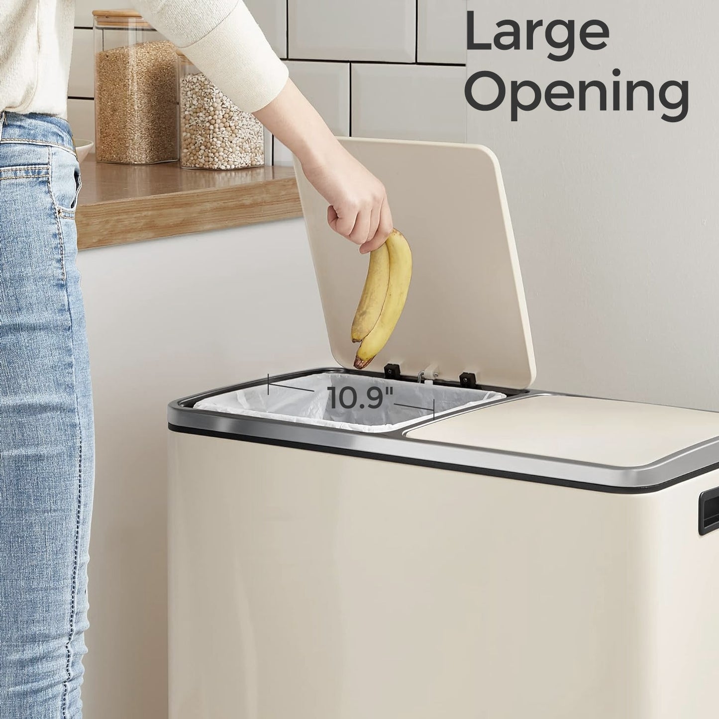 Dual 8 Gallon Kitchen Trash Can, 2 Compartments with Hinged Lids, Pedals & 15 Bags, Airtight Waste Bin, Almond Color