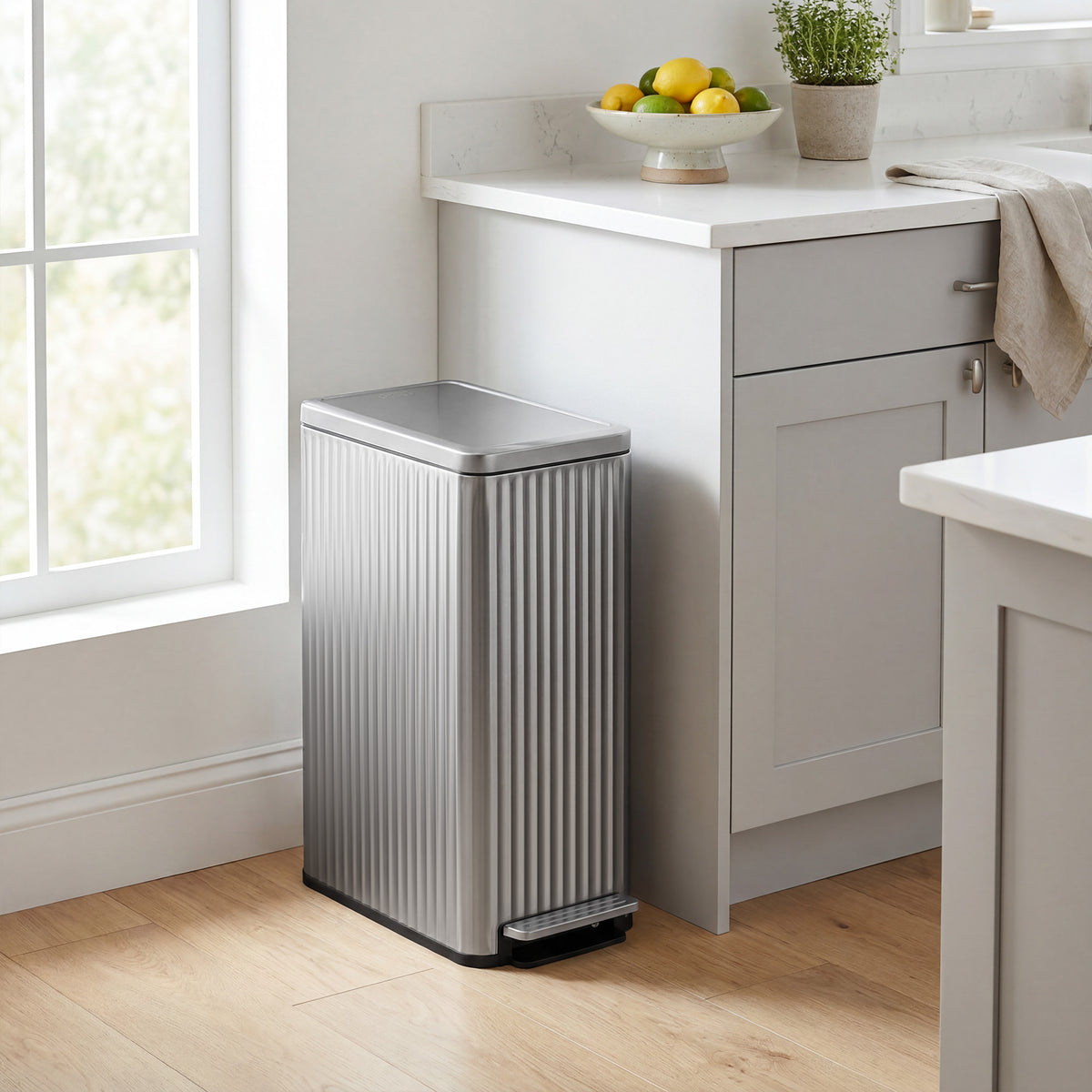 Stainless Steel Slim Trash Can with Soft-Close Lid and 15 Bags, 13 Gal., 10.4 x 18.7 x 24.6 inches, Silver