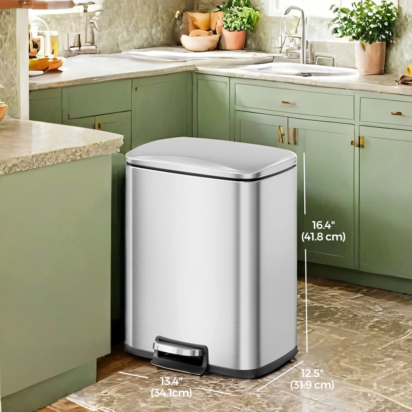 5.2-Gallon Step Kitchen Trash Can, Soft-Close Stay-Open Lid, Inner Bucket, Includes 15 Liners, Compact Stainless Steel Bin,Silver