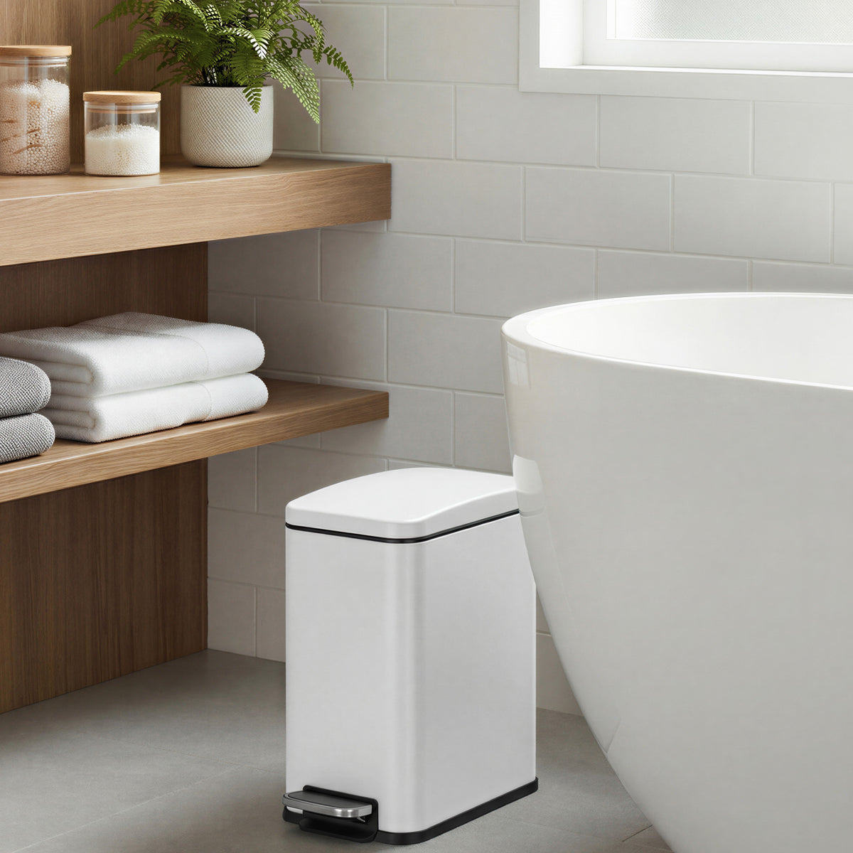 LEDREM Pedal Trash Can, Soft Close Bathroom Bin, Slim Steel Waste Bin for Small Spaces, with Lid, White