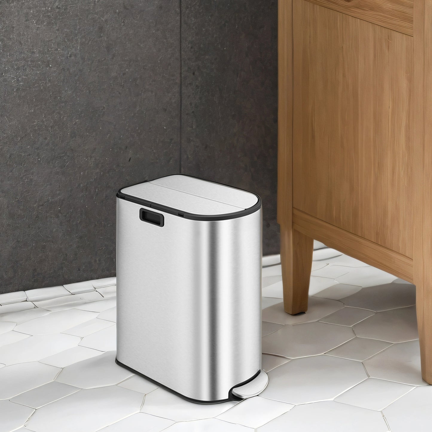 Dual Compartment Kitchen Trash Can, 13-Gallon Wing Lid Recycling Bin, Soft-Close & Dog-Proof Design - Stainless Steel,Metallic Silver