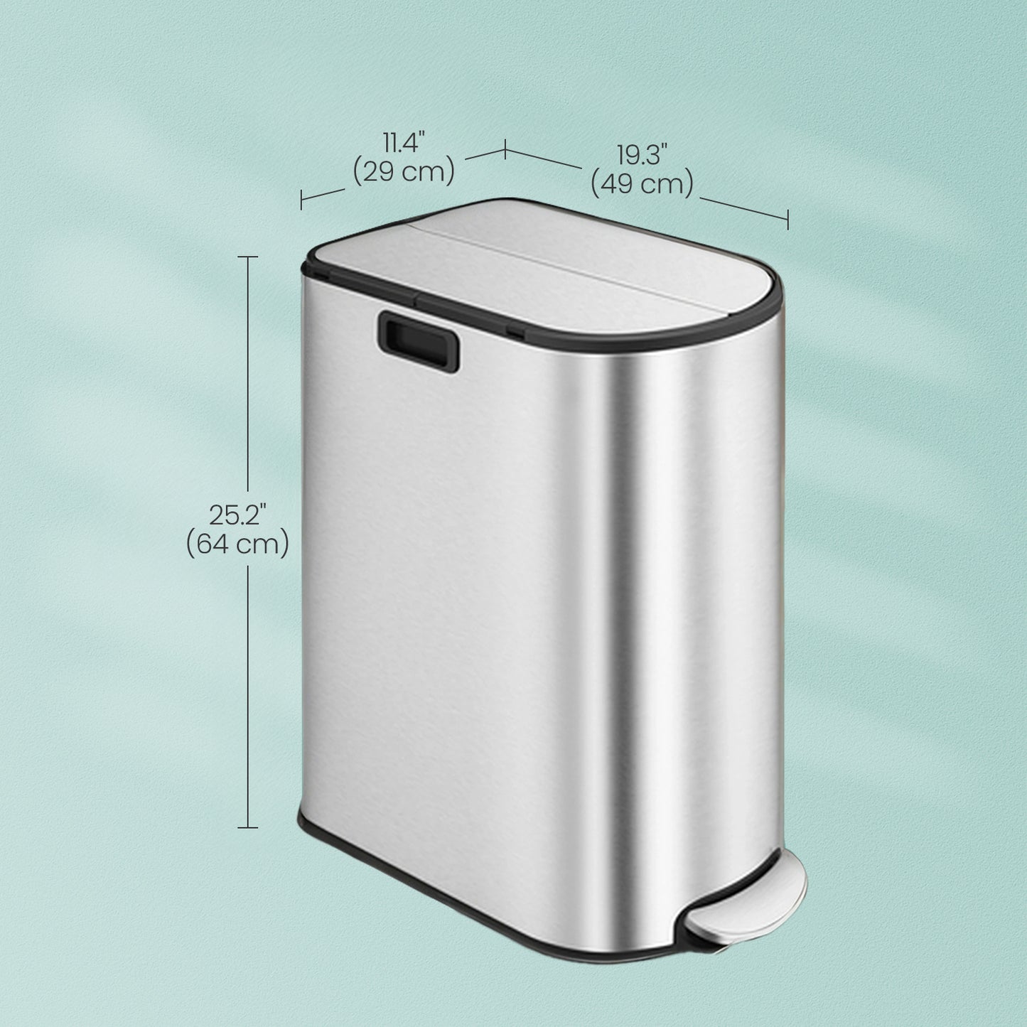 Dual Compartment Kitchen Trash Can, 13-Gallon Wing Lid Recycling Bin, Soft-Close & Dog-Proof Design - Stainless Steel,Metallic Silver