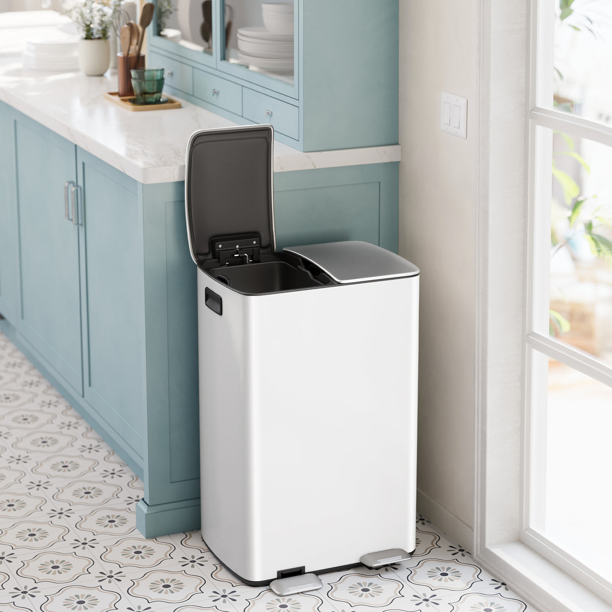 LEDREM 2 x 30L Steel Kitchen Recycling Bin with Pedal, Dual Compartment Waste Sorter, Soft-Close Lid, Removable Buckets, White
