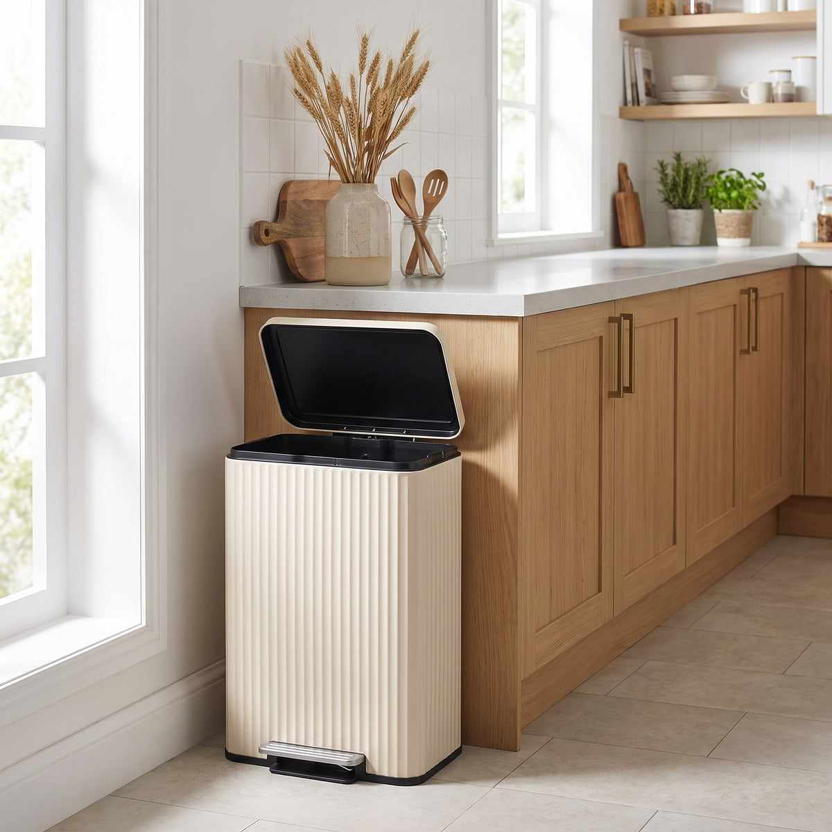 LEDREM 13 Gallon Kitchen Bin with Pedal, Soft Close Lid, Removable Inner Bucket, Stainless Steel Trash Can, Cream