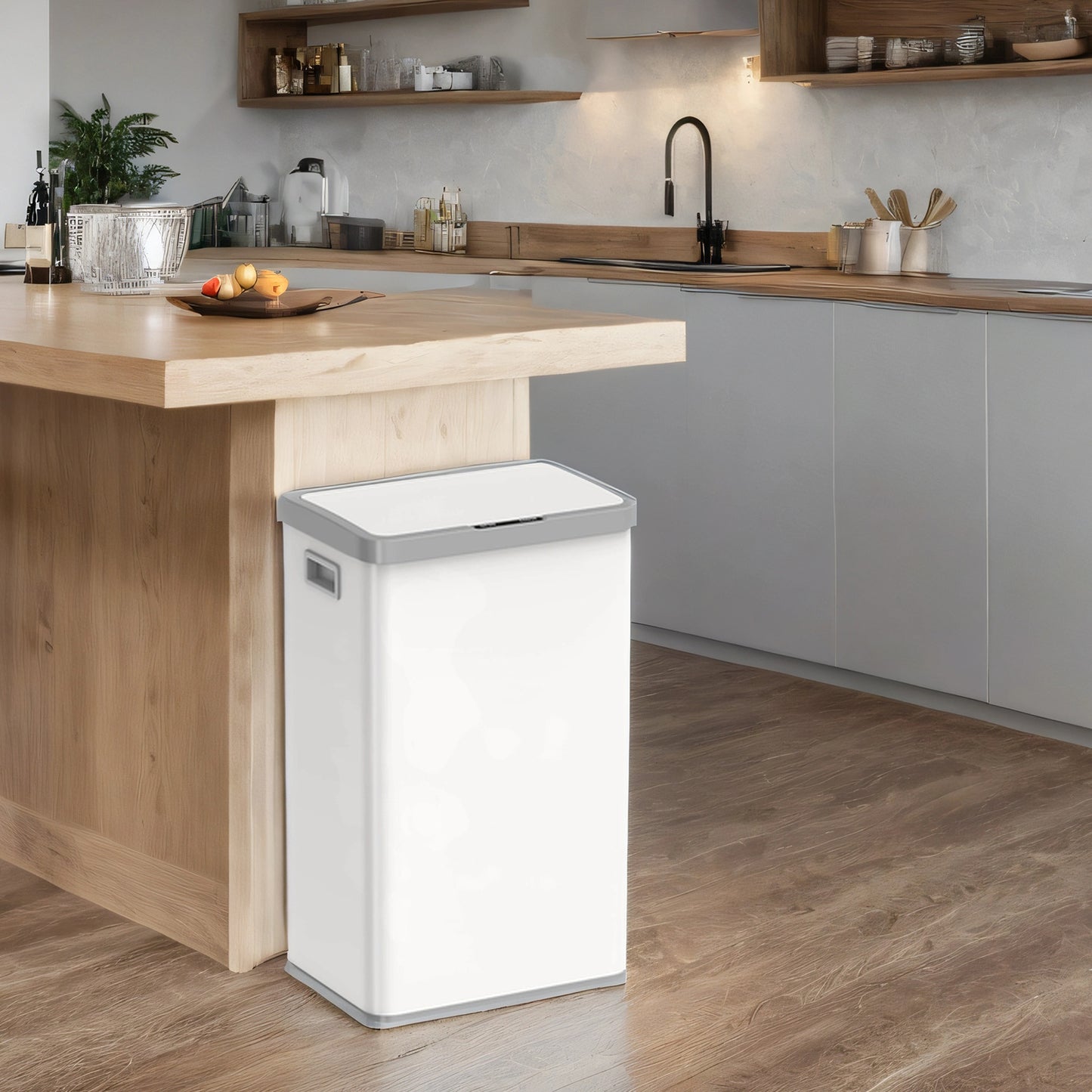 Motion Sensor Trash Can, 18 Gallon Automatic Kitchen Bin with Stay-Open Lid & Bag Retainer, Includes 15 Liners – Stainless Steel,Cloud White