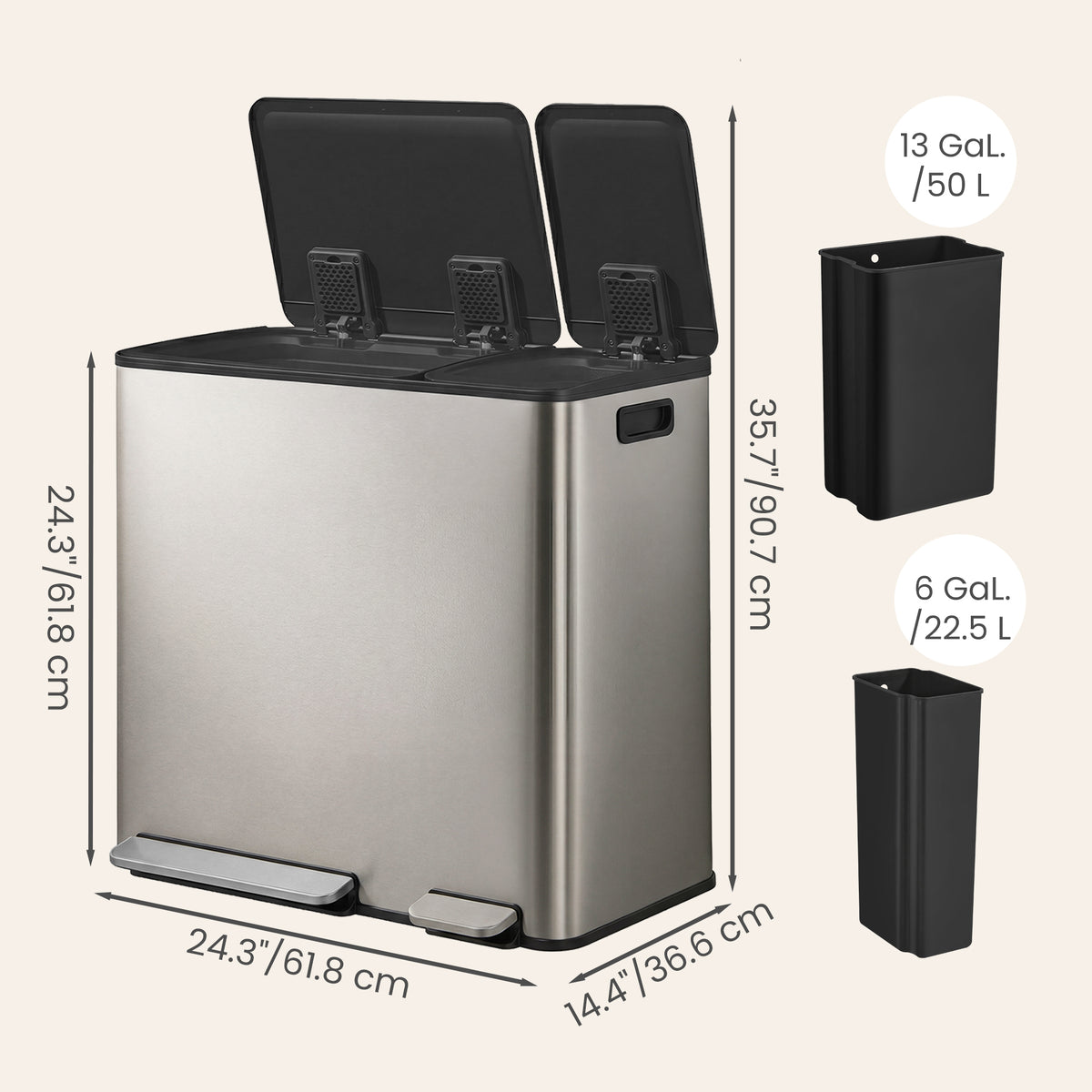 Dual-Compartment Recycling Bin, Stainless Steel Pedal Trash Can with Soft-Close Lid, for Kitchen, Inner Buckets, Silver