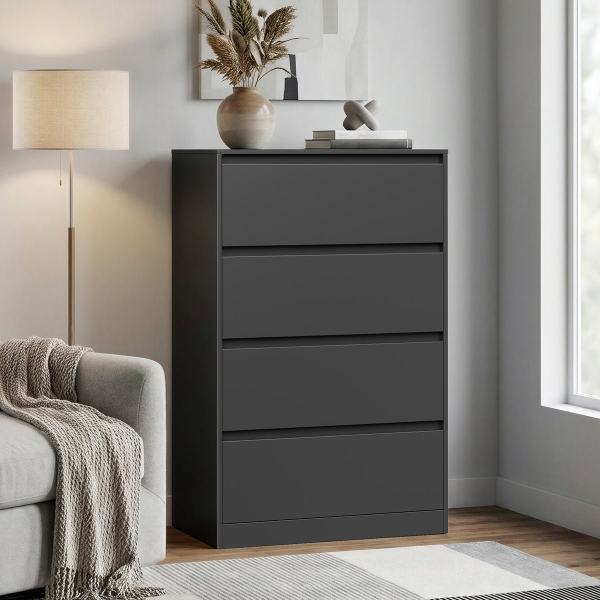 Modern 4-Drawer Dresser for Bedroom, Vertical Storage Tower Unit for Closet Living Room Entryway, Minimalist, Ebony Black