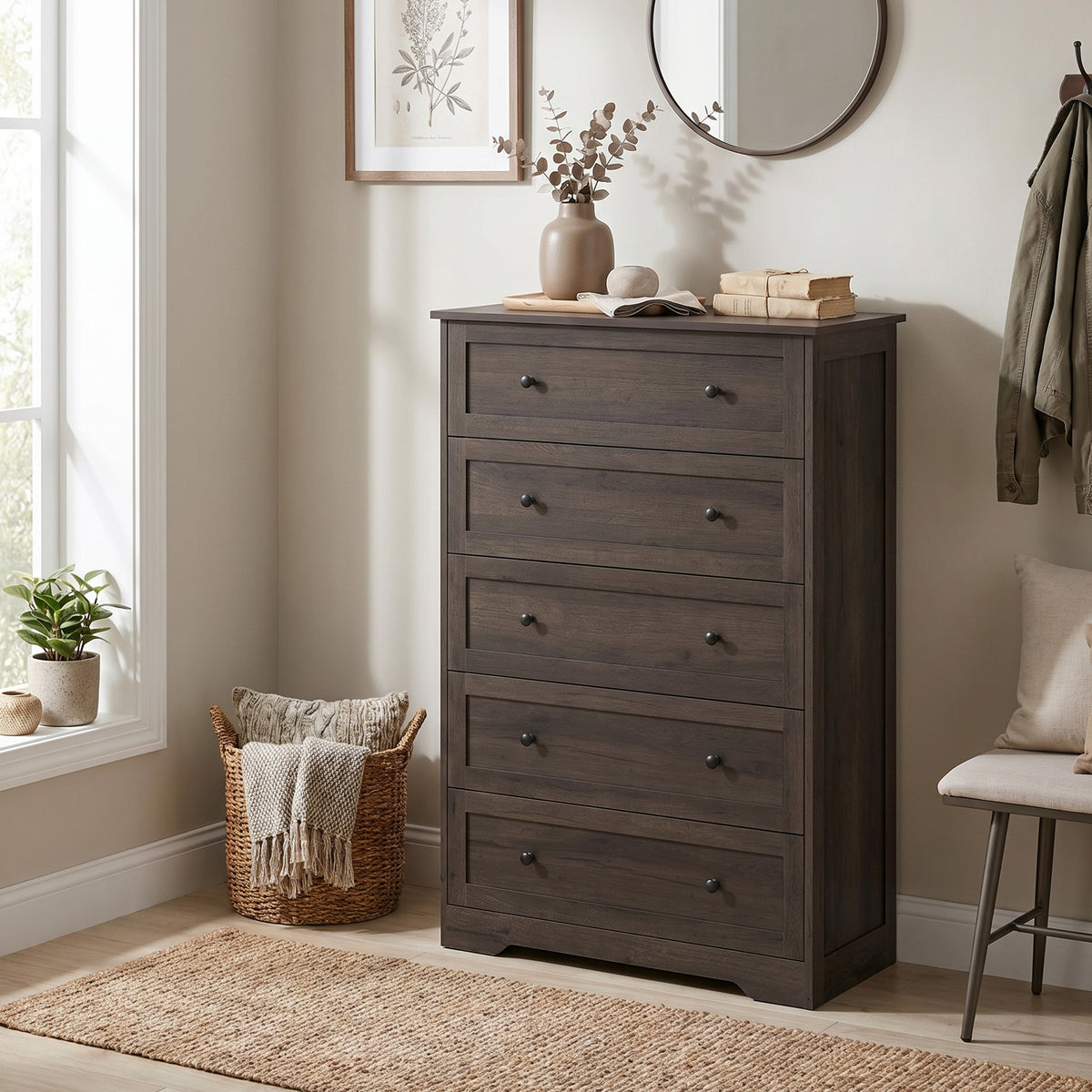 5-Drawer Dresser, Farmhouse Chest of Drawers for Bedroom, 31.5 x 15.7 x 47.4 inches, Taupe Brown