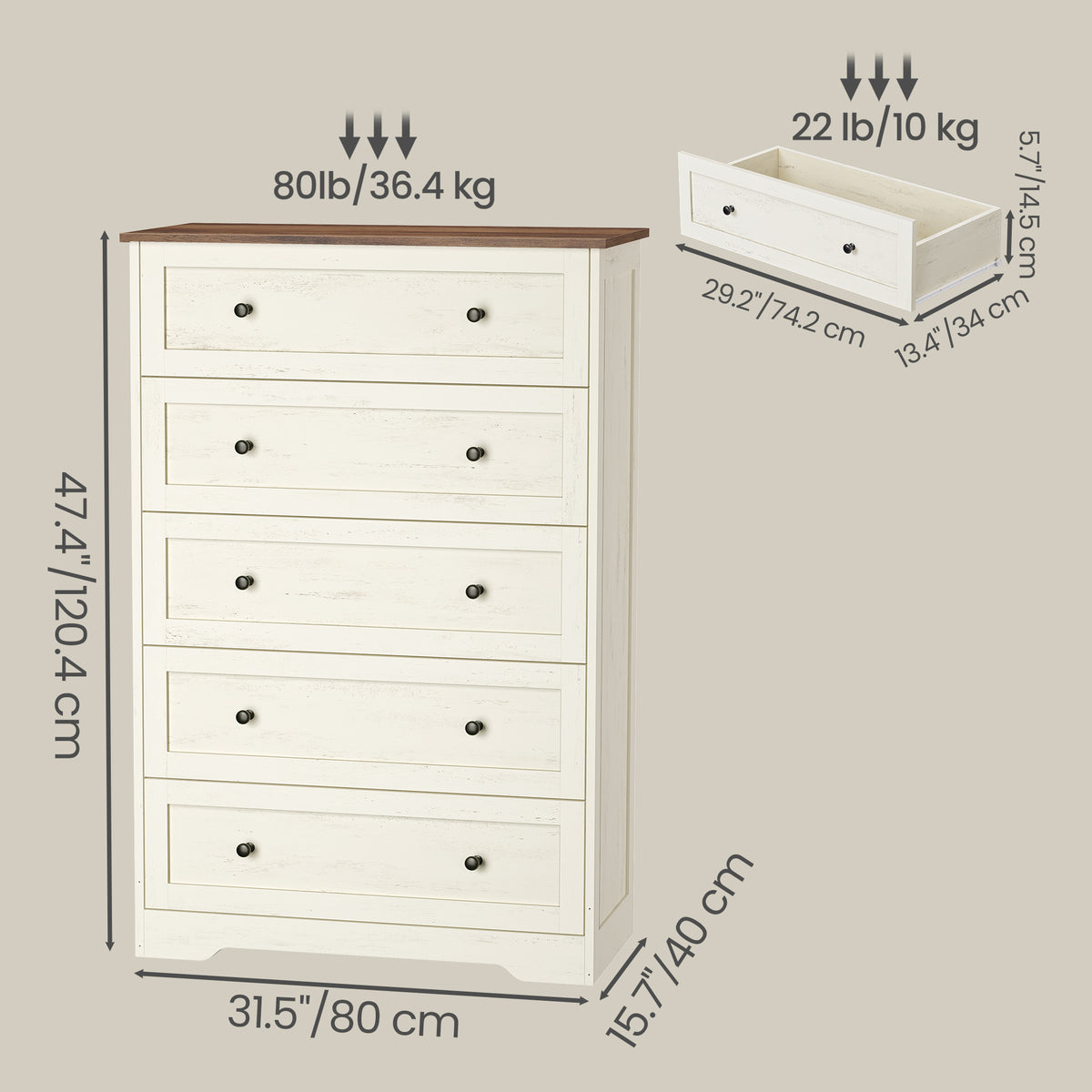 5-Drawer Dresser, Farmhouse Chest of Drawers for Bedroom, 31.5 x 15.7 x 47.4 inches, White