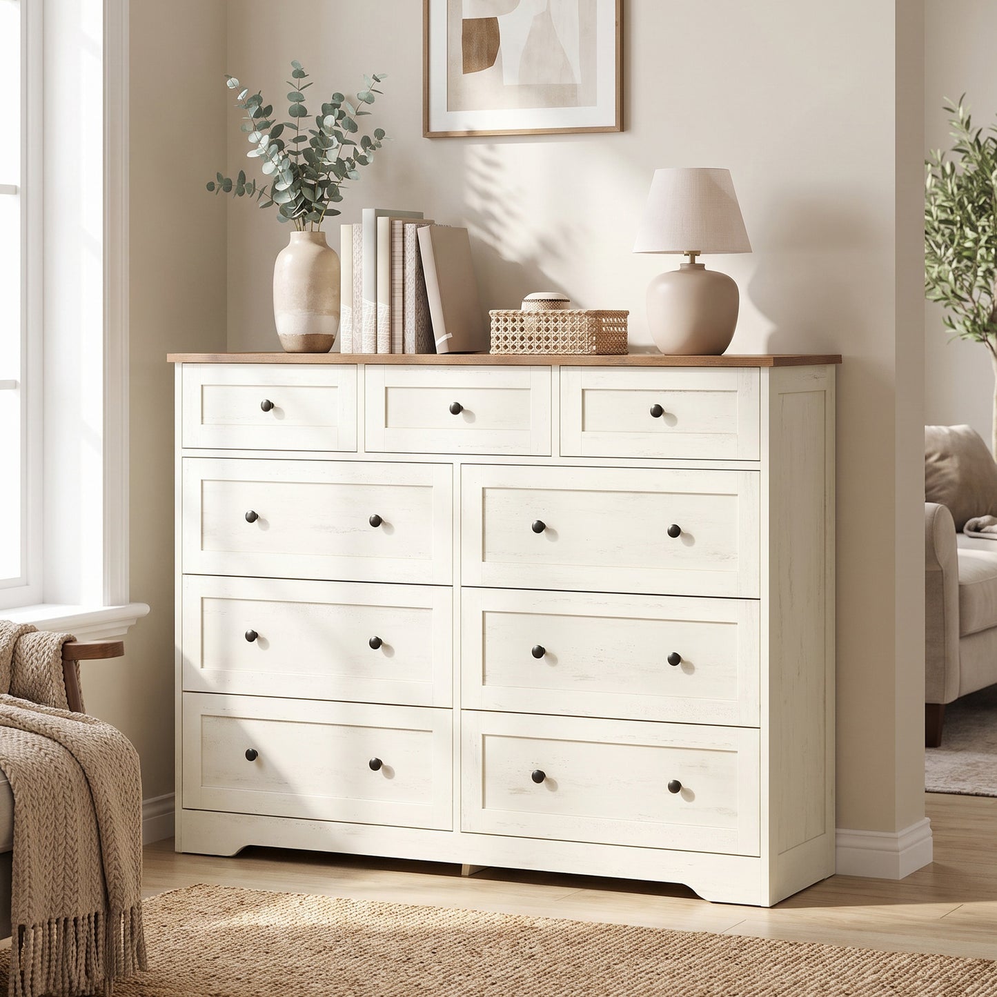 9-Drawer Dresser, Traditional basic Chest of Drawers for Bedroom, 47.2 x 15.7 x 36.9 inches, White
