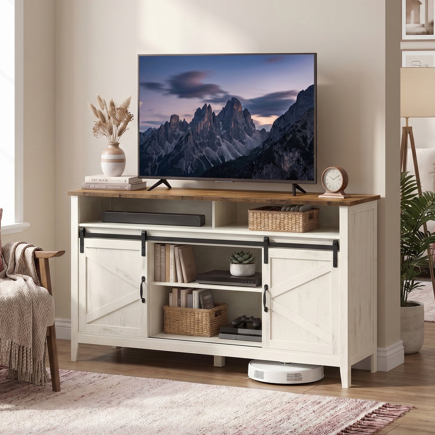 Farmhouse TV Stand with Sliding Barn Doors, Tall Entertainment Center, 58.3 x 15.7 x 31.9 Inches, White and Tan
