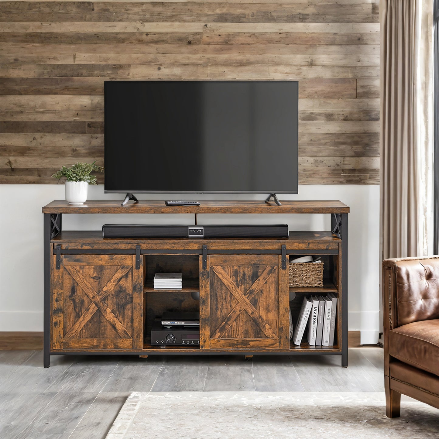 65-Inch Industrial TV Stand, Entertainment Center with Sliding Barn Doors & Adjustable Shelves, 200 lb Capacity, Rustic Brown & Black