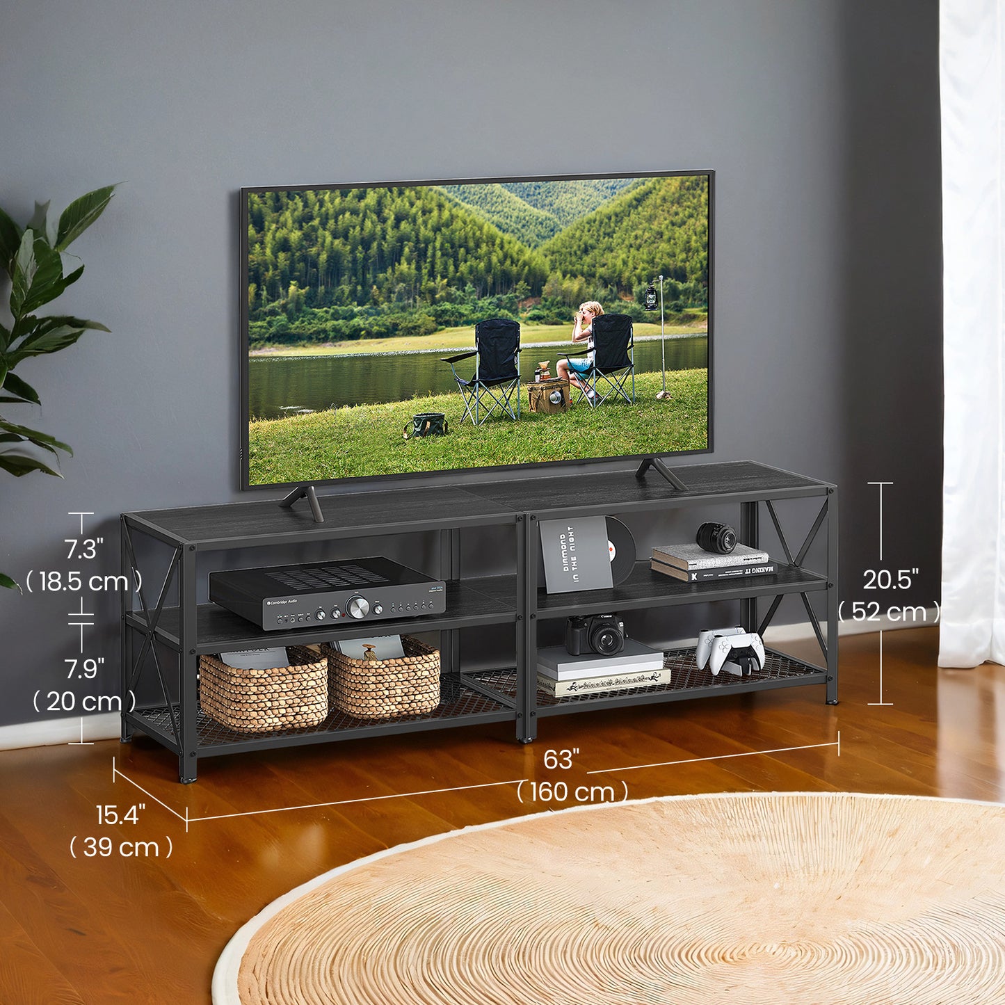 63" TV Stand for 70" TVs - Entertainment Center with 3 Storage Shelves, Steel Frame & Wood Grain Finish, Black