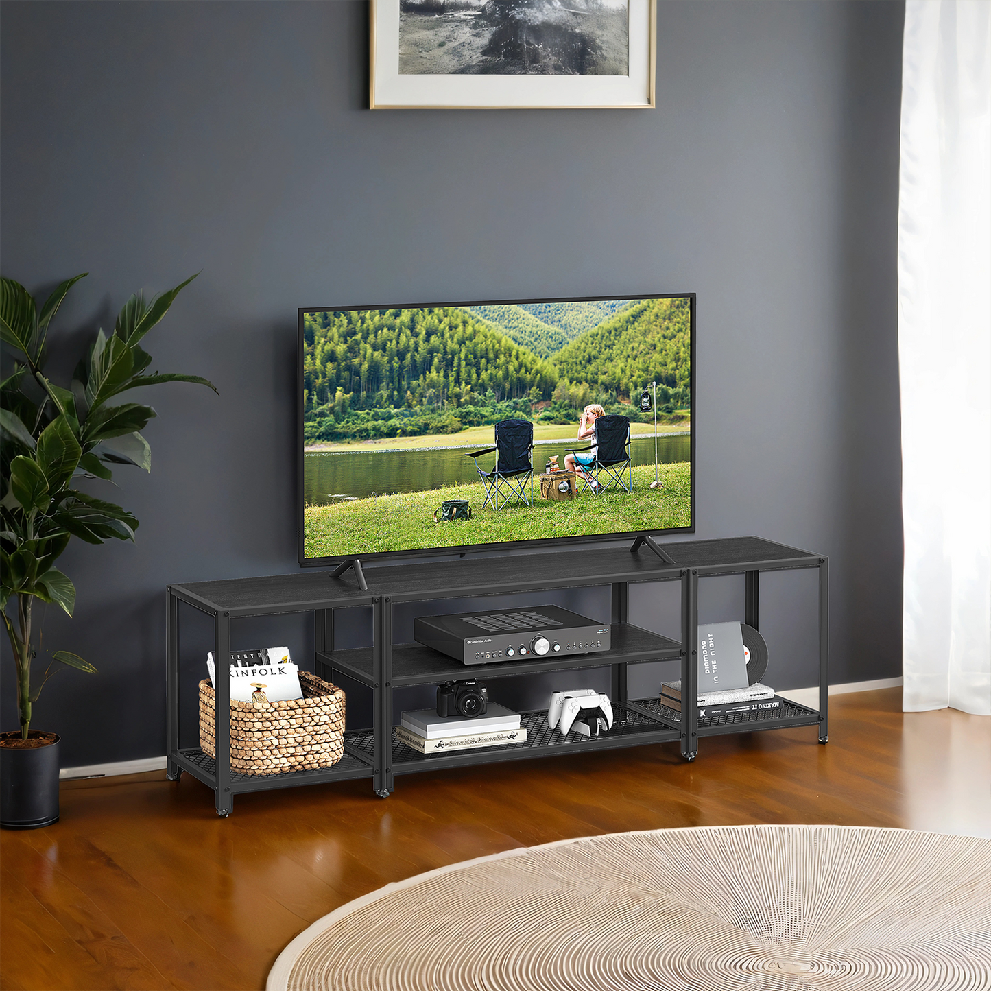 75" TV Stand - Industrial Entertainment Center with 3 Open Shelves, Media Console, Wood Grain and Black