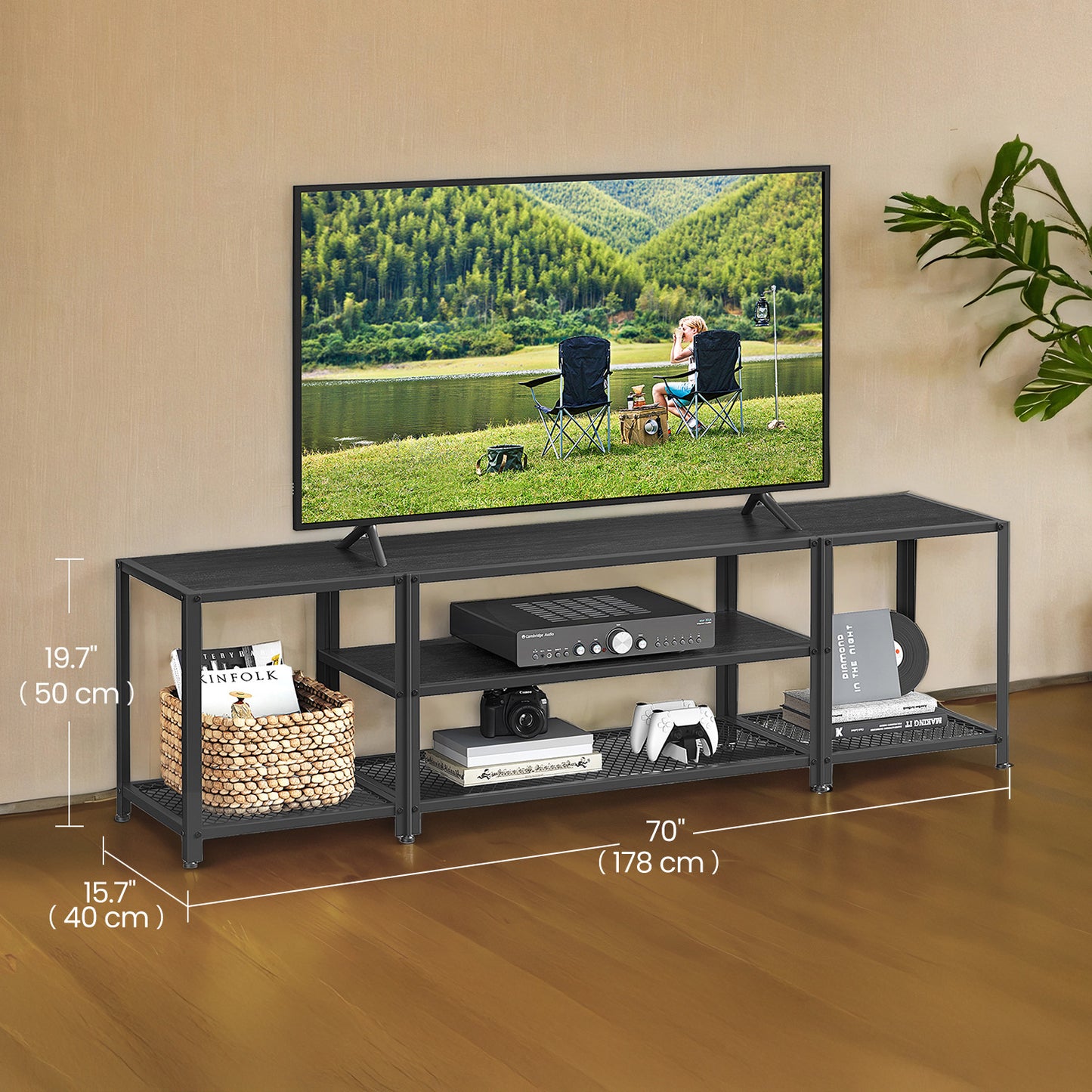 75" TV Stand - Industrial Entertainment Center with 3 Open Shelves, Media Console, Wood Grain and Black