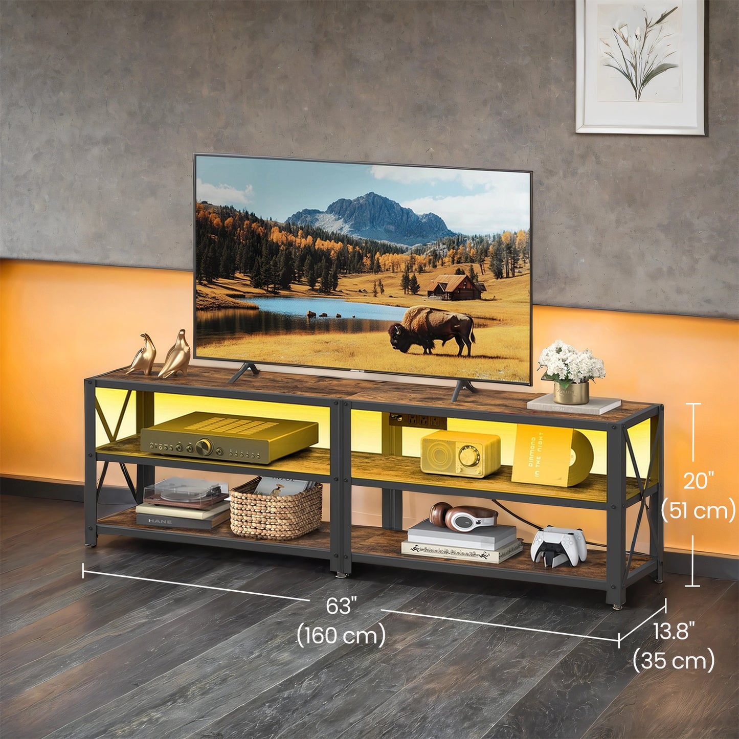 65" TV Stand with Power Outlets & LED Lights - Entertainment Center with 3 Open Shelves, Charging Station, Rustic Brown and Black