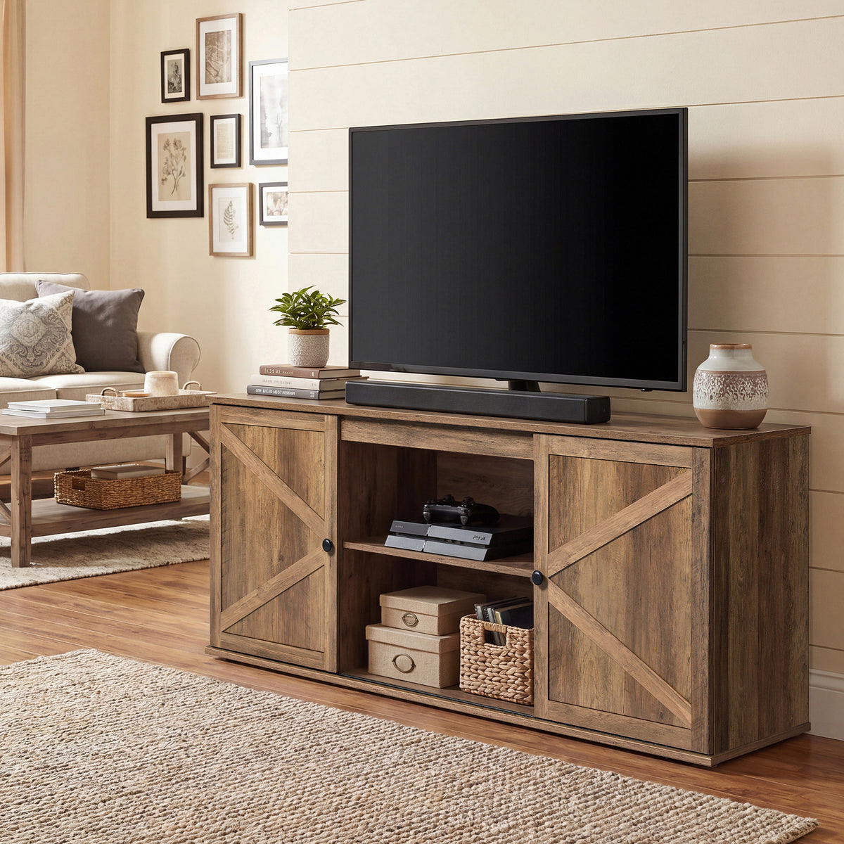 Farmhouse TV Stand with Sliding Barn Doors, Media Console Cabinet, 57.9 x 15.7 x 23.8 Inches, Warm Brown