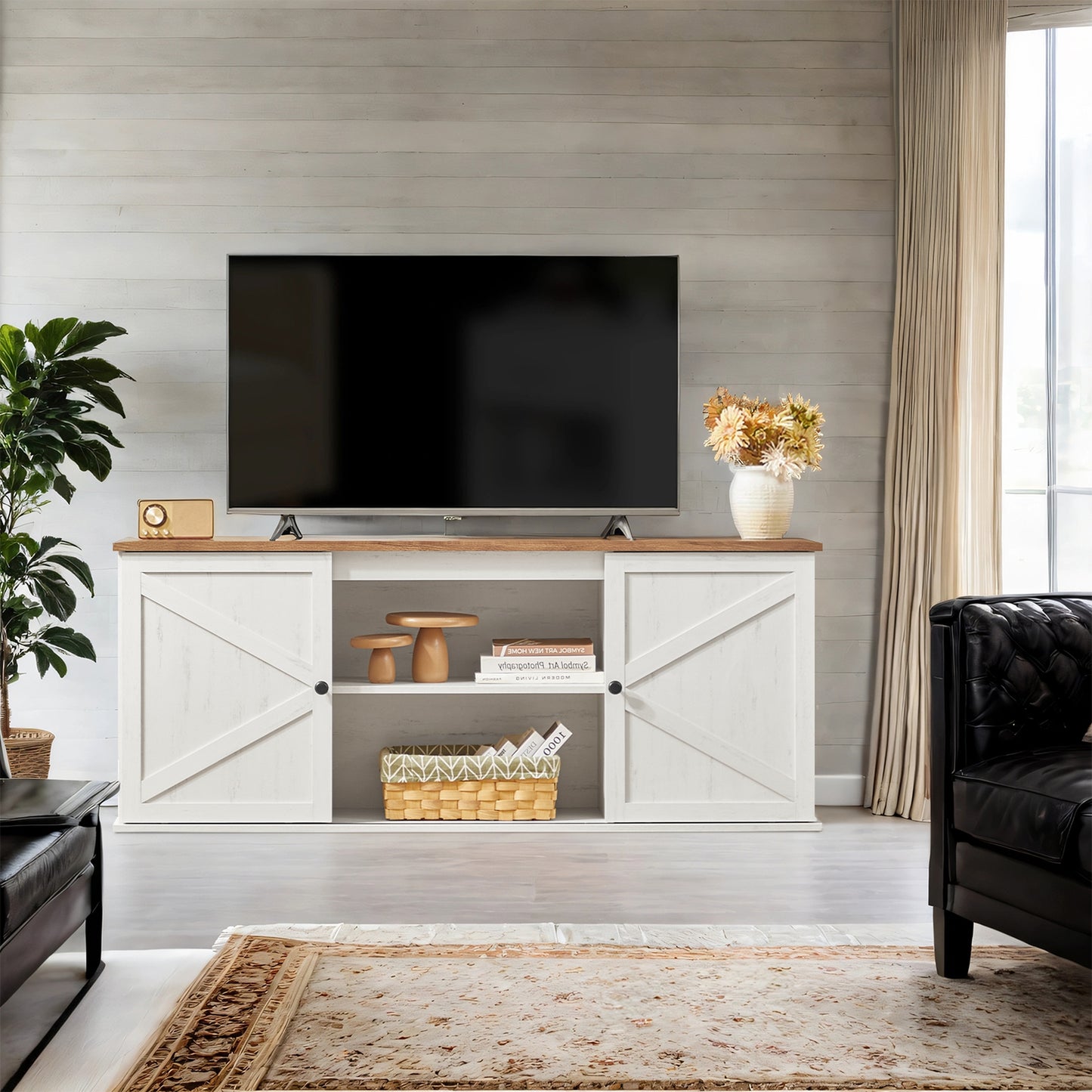 65-Inch Farmhouse TV Stand, Entertainment Center with Sliding Barn Doors & 4 Storage Compartments, 170 lb Capacity, Rustic White & Honey Brown