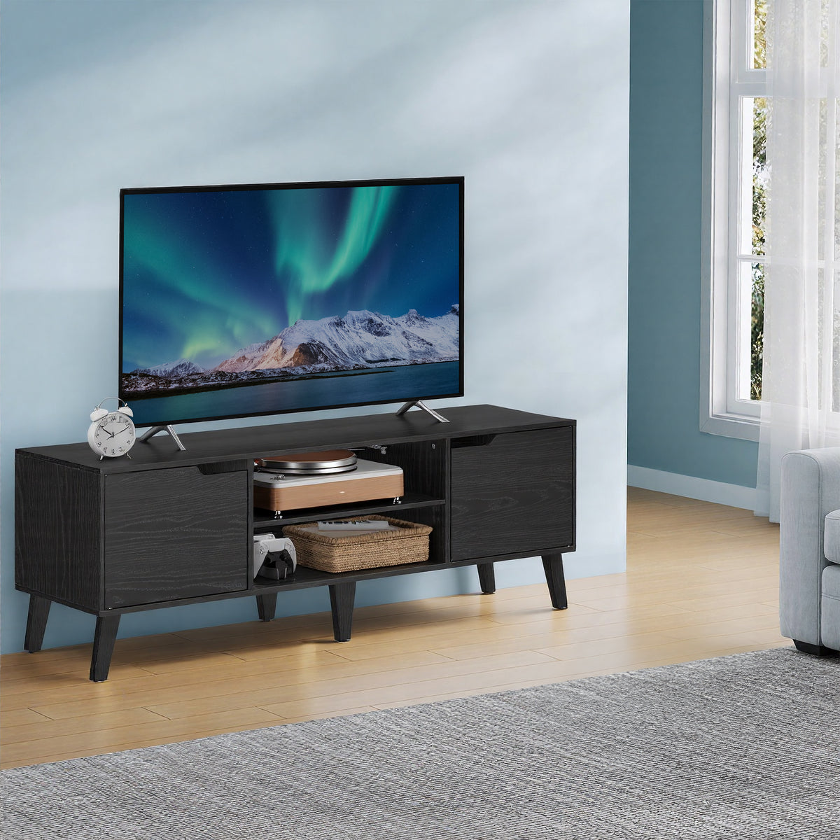 LEDREM TV Stand for 65 Inch TVs, Media Console with Storage, 57.9 x 15.4 x 19.7 Inches, Black