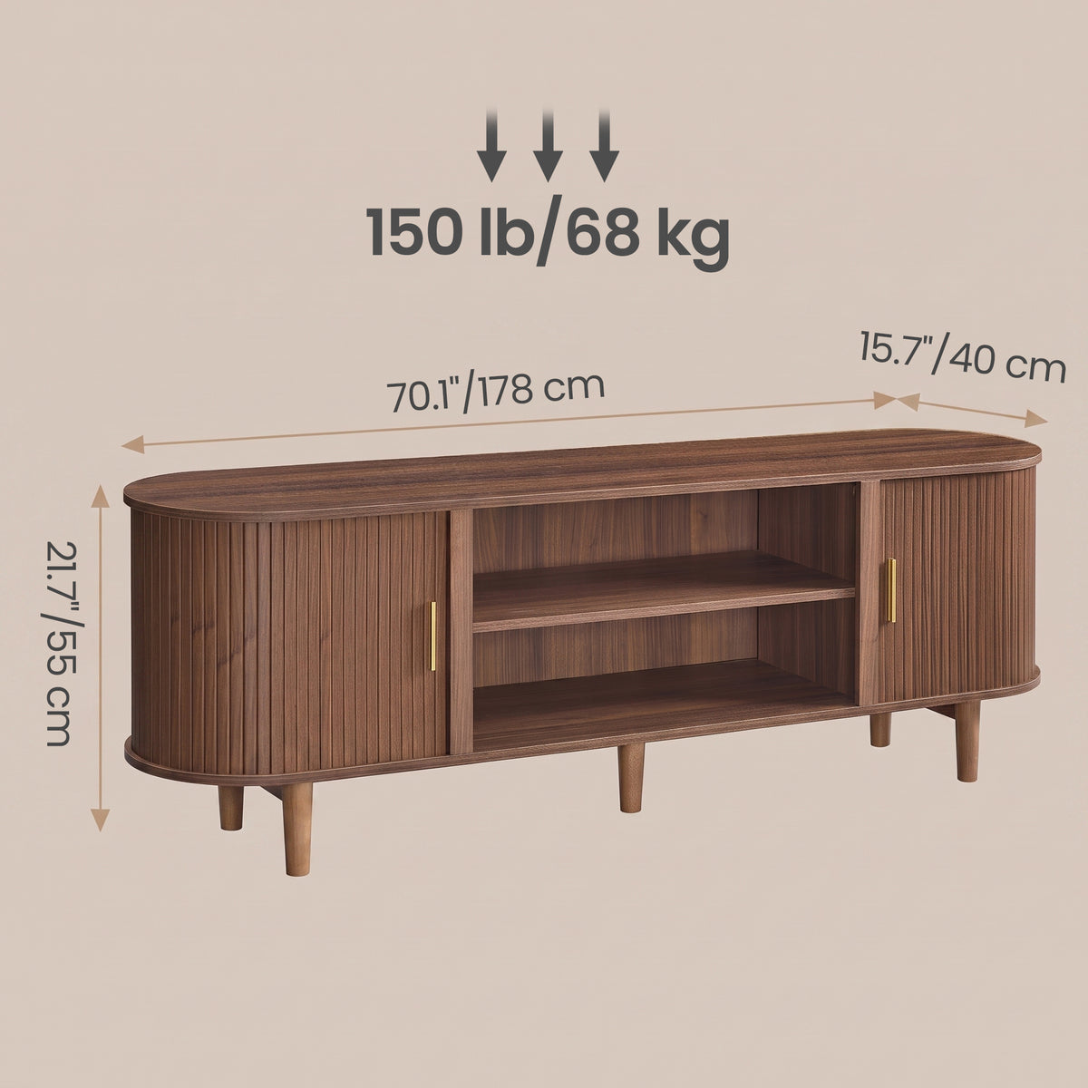TV Stand, Mid-Century Modern Entertainment Center with Curved Sliding Doors, 70 x 15.7 x 21.7 inches, Walnut Brown