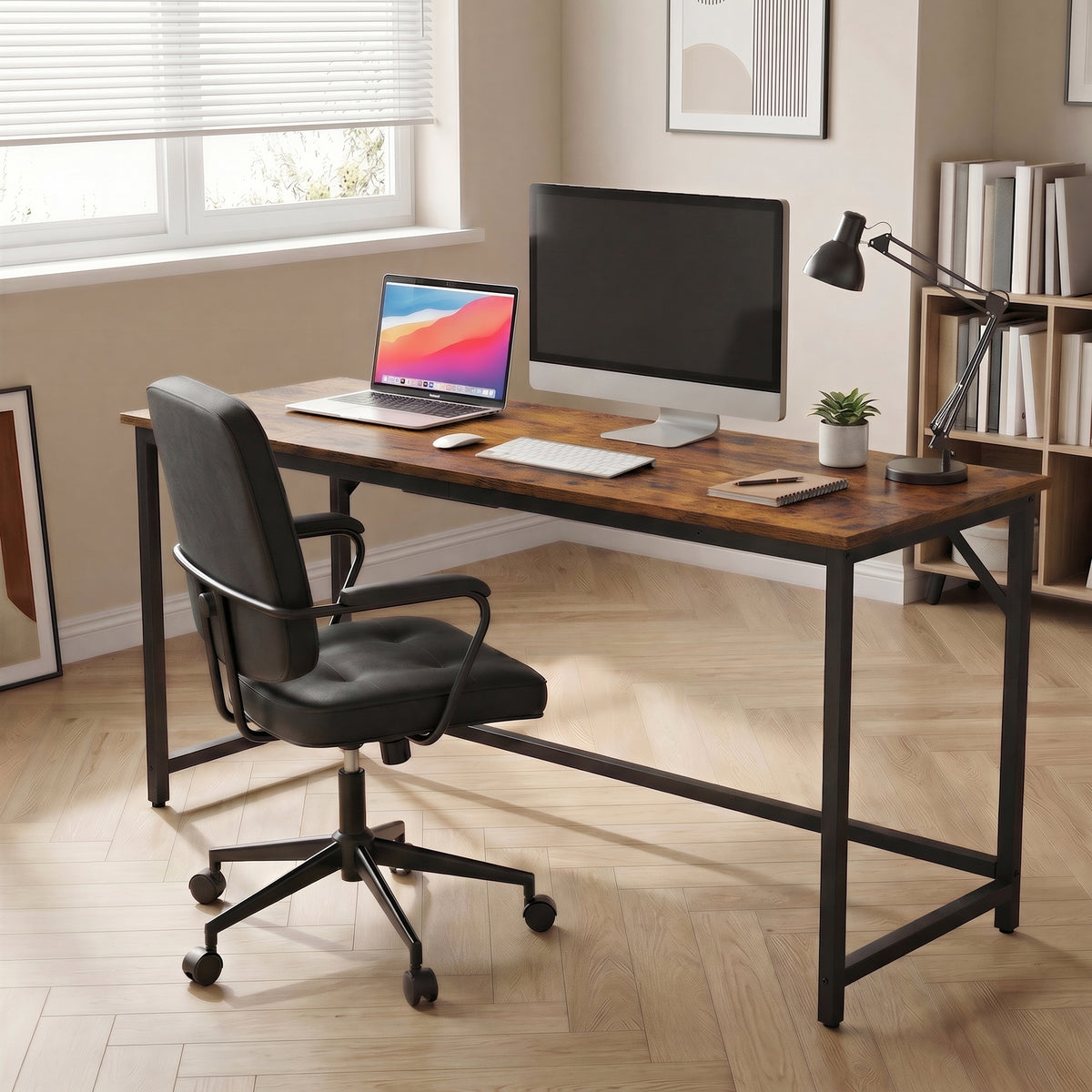 LEDREM Home Office Desk, Computer Desk, for Bedroom, Dorm, Small Spaces, Tan and Black
