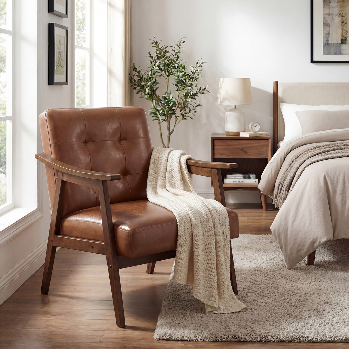 Lounge Chair with Thick Cushion, Mid Century Modern Accent Armchair, Button Tufted for Living Room, Bedroom, Brown