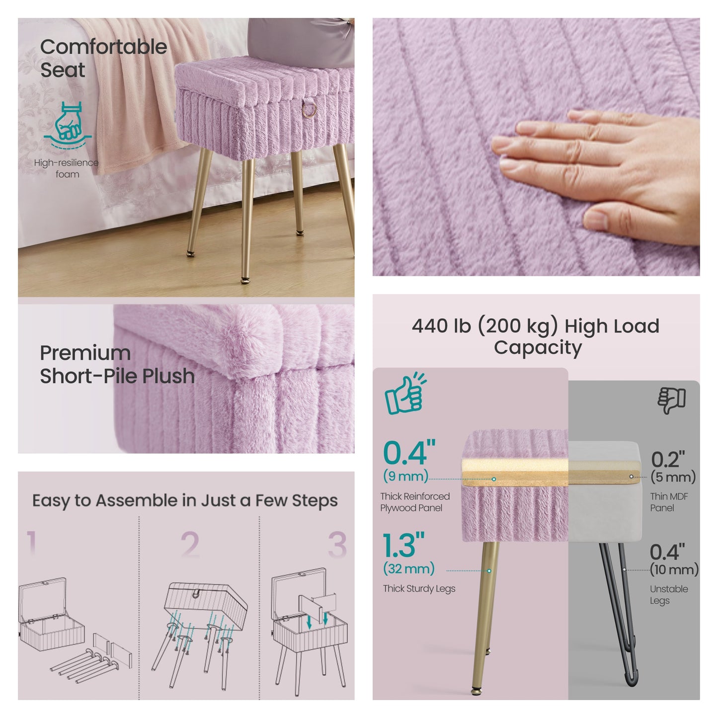 Vanity Stool with Storage and Removable Dividers, Makeup Stool and Footrest with Adjustable Feet for Bedroom and Living Room, Light Lilac