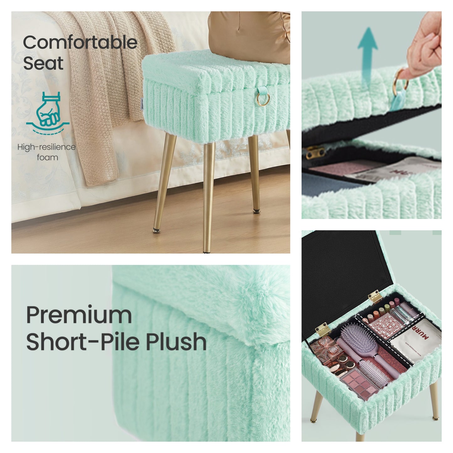 Vanity Stool with Storage and Removable Dividers, Makeup Stool and Footrest with Adjustable Feet for Bedroom and Living Room, Moonlight Green