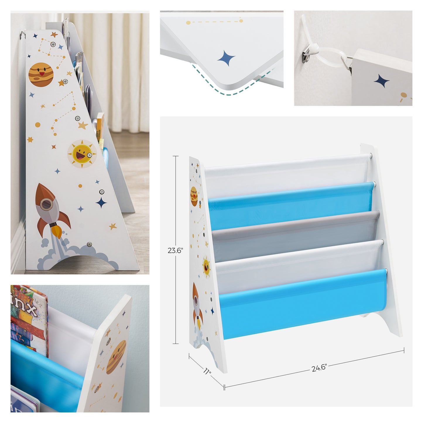 4-Tier Kids Bookcase with Anti-Tip Kit, Space-Saving Bookshelf Organizer for Children's Room, Playroom, Nursery,White, Blue and Gray